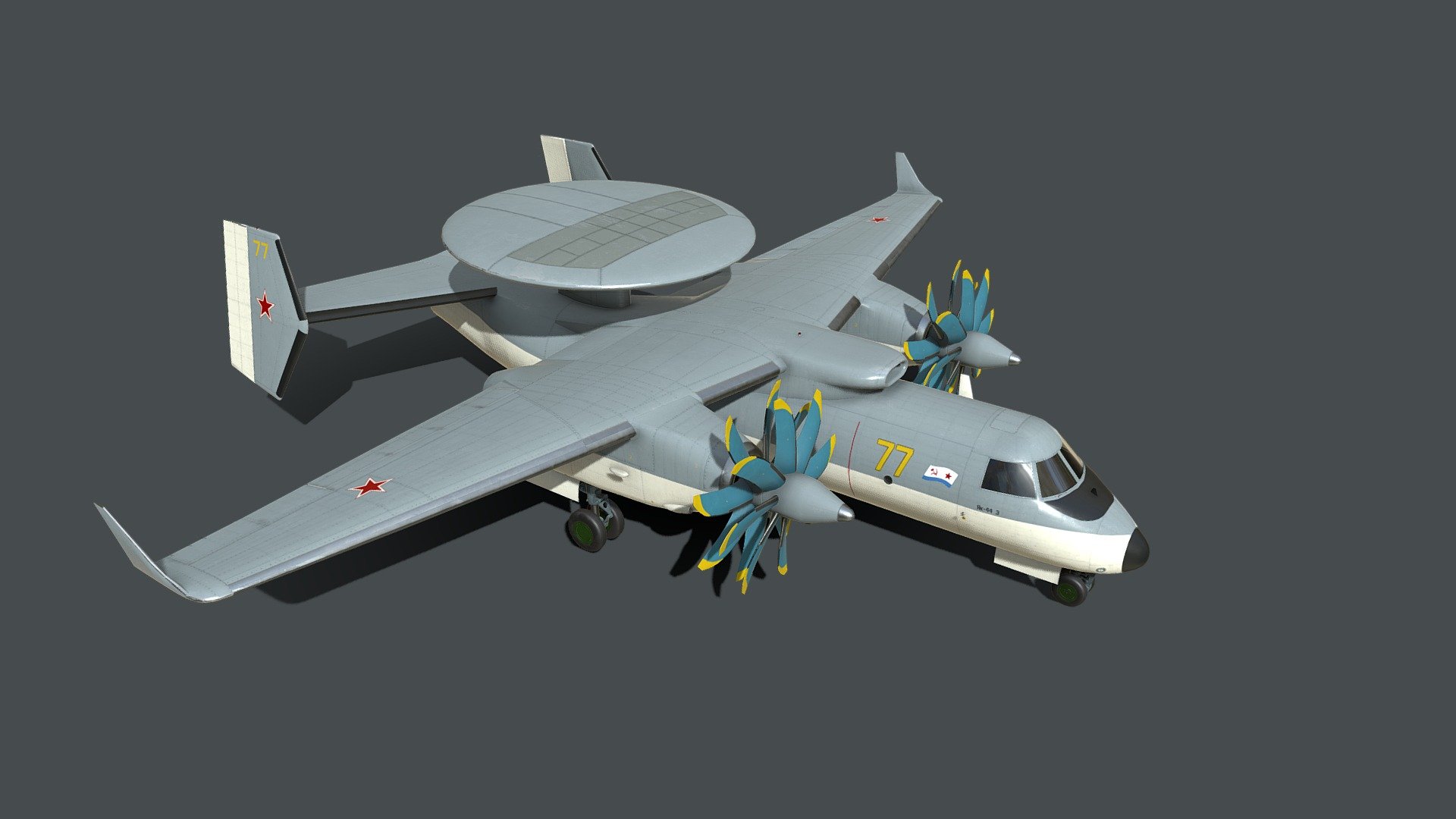 The Yakovlev Yak-44 (Russian: Як-44) was a proposed twin-turboprop Airborne Early Warning (AEW) aircraft, resembling the United States Navy's E-2 Hawkeye, intended for use with the Soviet Navy's Ulyanovsk class supercarriers. Along with the aircraft carrier it would have flown from, the Yak-44 was cancelled after the demise of the Soviet Union. A full-scale mockup with foldable wings was built 3d model