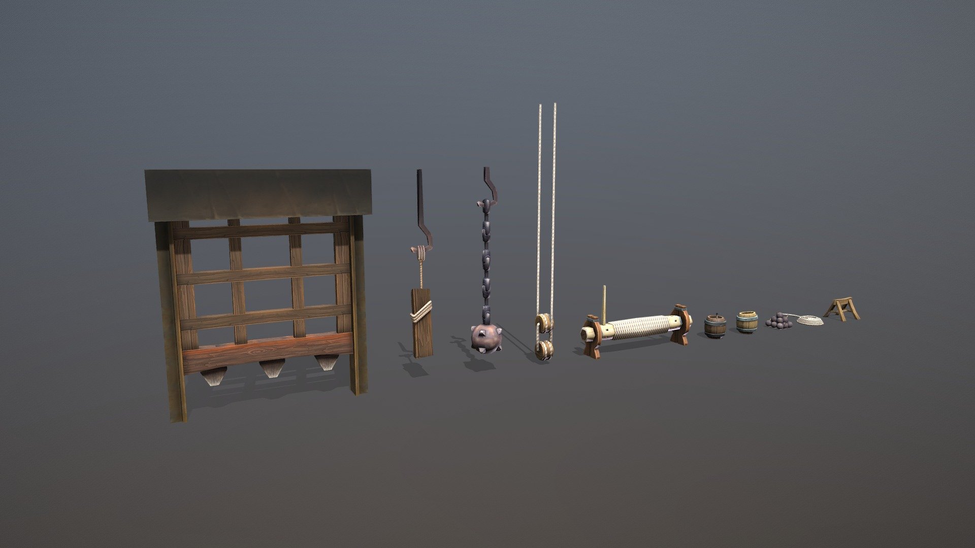 PirateCollection_Items

All Objects - (triangles 6238) / (points 3457)

Low-poly 3D models for game
- Gate (triangles 530)
- Hook (triangles 416)
- Chain (triangles 828)
- Blok (triangles 752)
- Winch (triangles 848)
- GunPowderBarrel (triangles 374)
- Barrel (triangles 332)
- CannonBalls (triangles 1106f)
- Rope (triangles 884)
- Barrier (triangles 168)

Textures  diffuse 
- PirateCollection_Items_Winch.png      512x512
- PirateCollection_Items_Rope.png       256x256
- PirateCollection_Items_GunPowderBarrel.png    512x512 
- PirateCollection_Items_Gate.png       512x512
- PirateCollection_Items_Chain.png      256x256
- PirateCollection_Items_CannonBalls.png    512x512 
- PirateCollection_Items_Blok.png       256x256 
- PirateCollection_Items_Barrier.png        512x512
- PirateCollection_Items_Barrel.png     512x512         

If you have questions about my models or need any kind of help, feel free to contact me and i'll do my best to help you 3d model