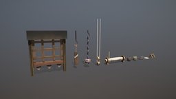 Pirate Collection Items gate, barrel, block, hook, powder, barrier, rope, cannon, chain, items, low-poly, mobile, ship, pirate, gun, sea