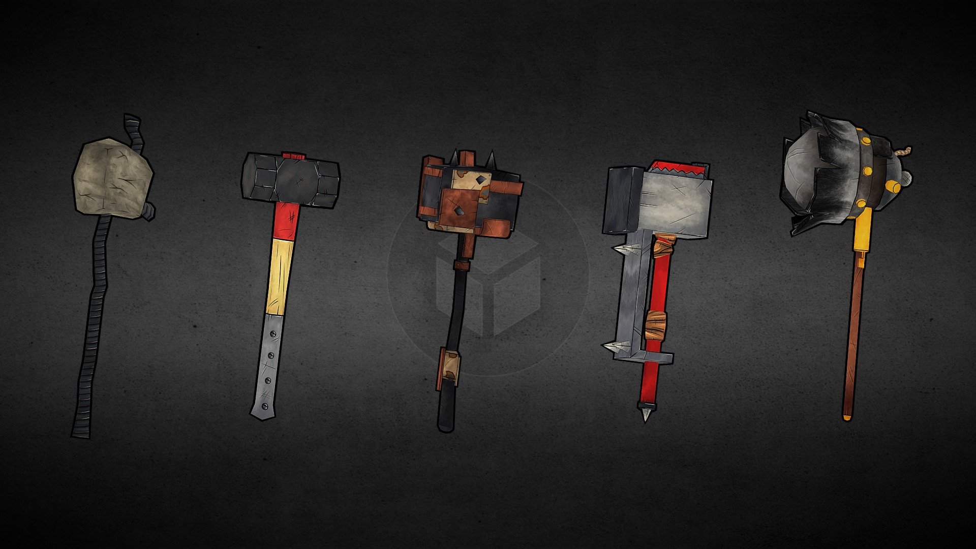 Asset made for the mobile game City Invaders.
Model, texture, rig &amp; animations done by me.
You can loot them to fight against zombies hordes ! - Weapon Set: Hammers - 3D model by Skia (@Skia-Ura) 3d model
