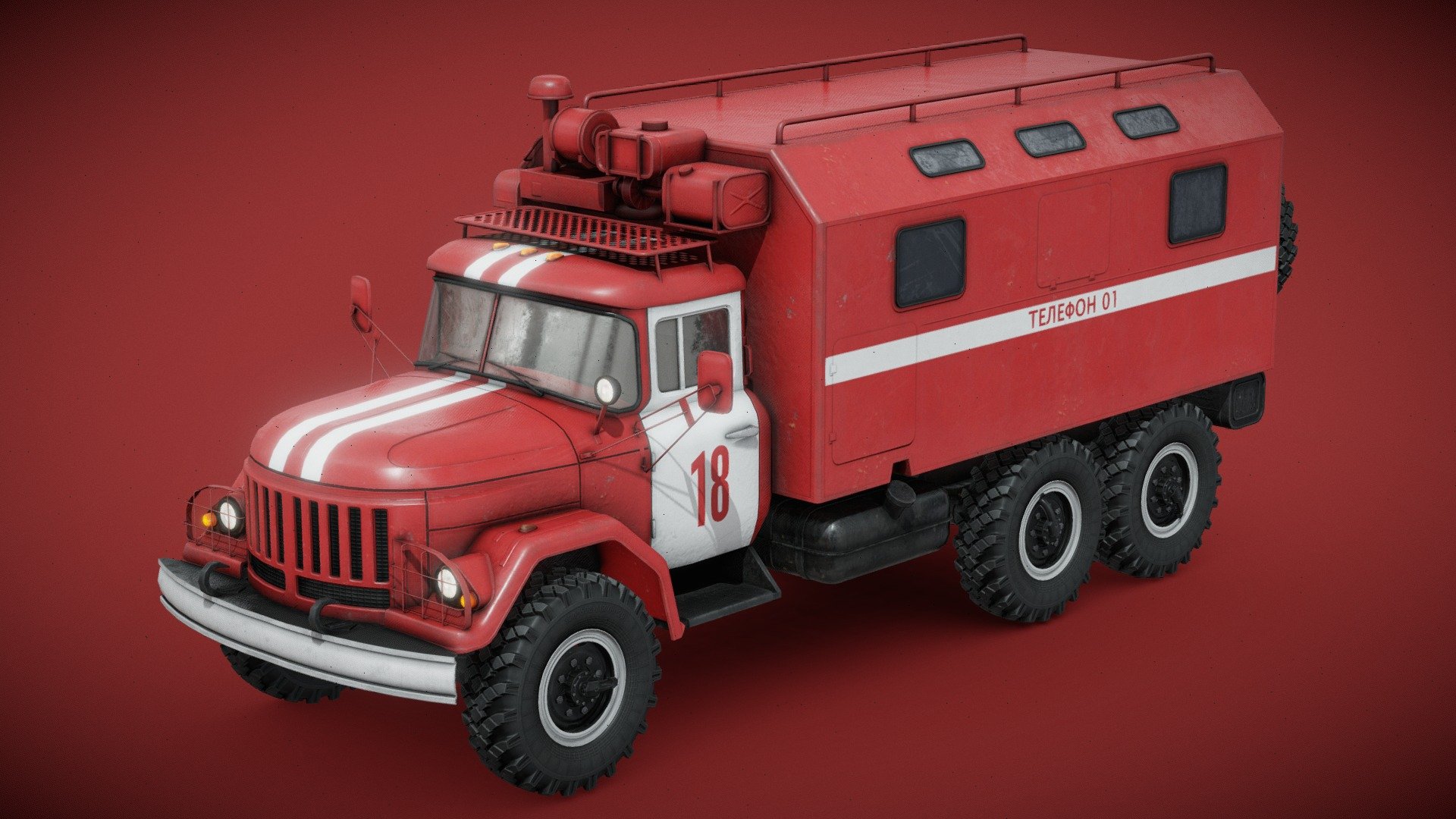General purpose 3.5 tonne 6x6 truck designed in the Soviet Union. Here, in fire brigade mobbile command post version.

Separate materials for: cabin, interior, glass, frame, wheel and command module.

Wheels are separate objects.

4k PBR textures for cabin, interior and command module. 2k for frame and wheel. 1k for the glass.

Textures for glass and command module with alpha transparency 3d model