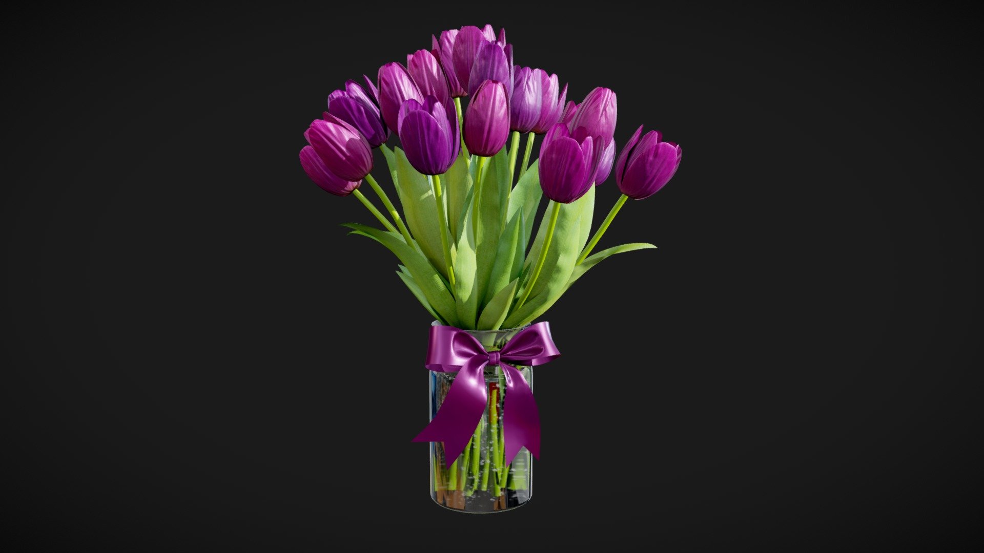 High quality 3d model of a Purple Tulips Bouquet in a glass vase 3d model