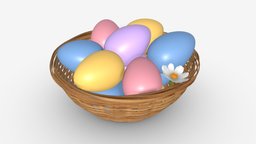Easter Eggs in Wicker Basket Composition symbol, flower, basket, egg, easter, wicker, holiday, religion, traditional, celebration, tradition, festive, braided, 3d, pbr, design, decoration