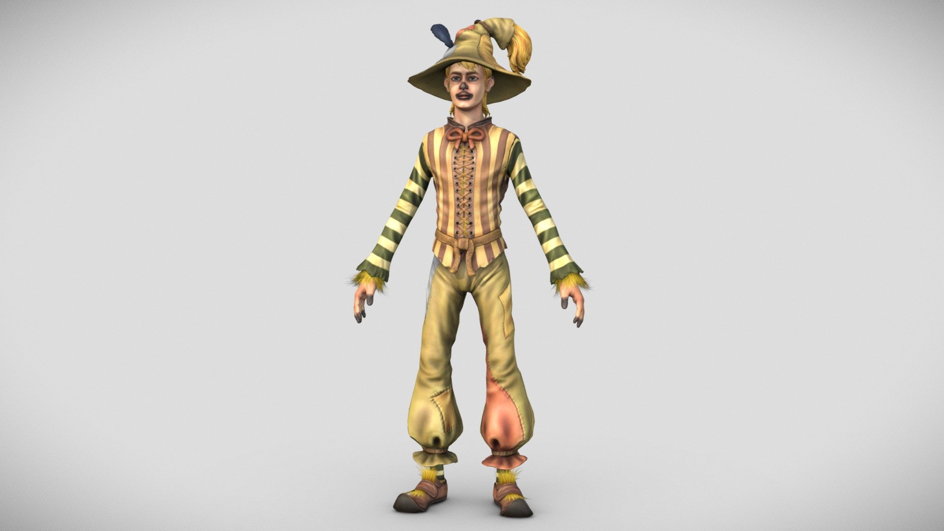 A scarecrow-themed wizard character model with textures.

Color, Specular/Gloss, Normal, Occlusion, and Cavity maps are 4096.

Alpha maps included for eyelashes and straw.

Collada, FBX, and OBJ formats included 3d model
