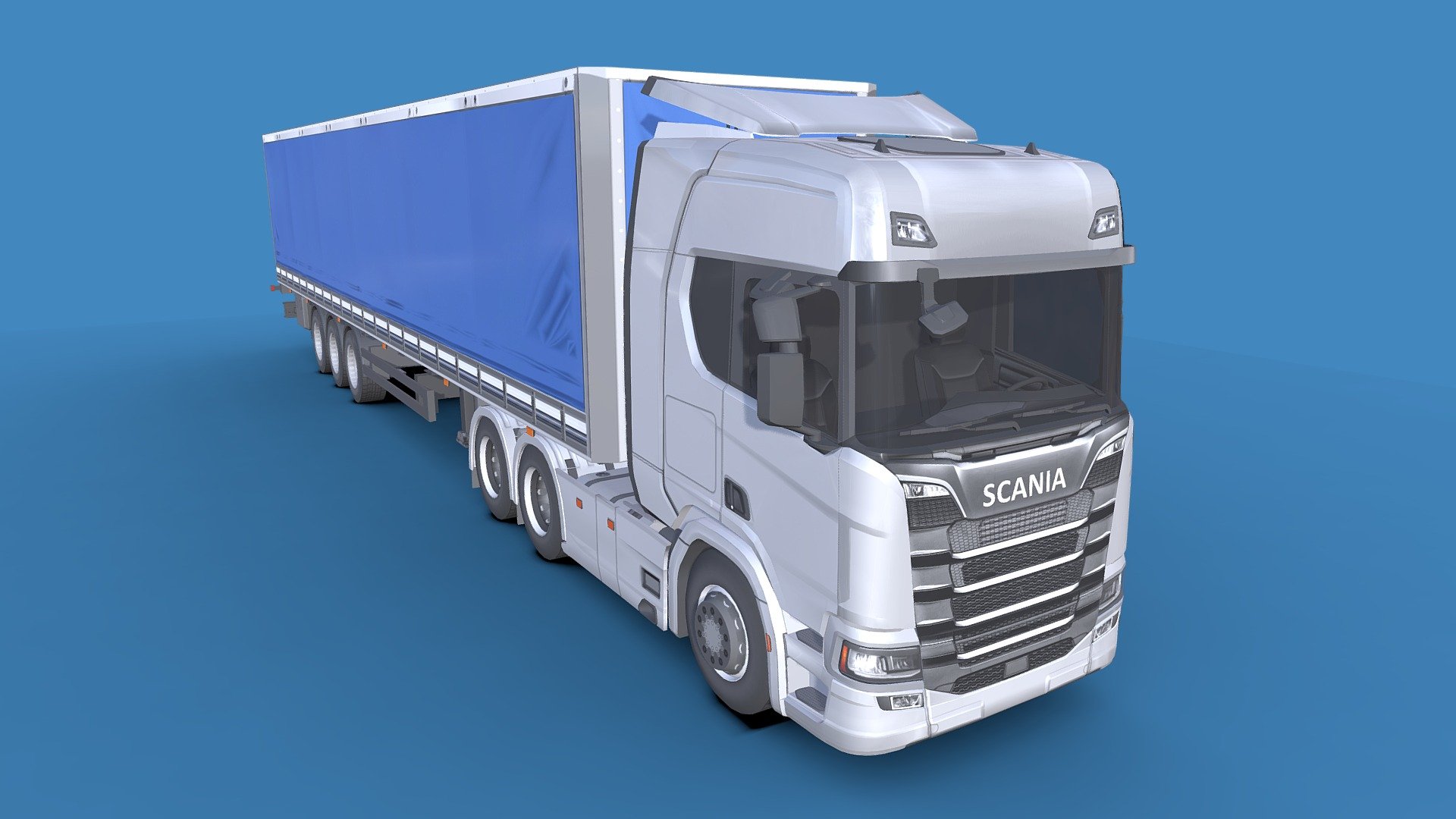 Scania Truck 

Low-poly

Average poly count : 40,000

Average number of vertices : 44,000

Textures : 4096 / 2048

Formats .( FBX , OBJ , 3D MAX ).

High quality texture.

Isolated parts (Door, steering wheel, wheels, body).

Its dashboard is simple.

You can use this model in all games 3d model