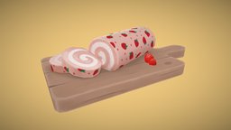 Strawberry Cake Roll handpainted, lowpolydessertchallenge