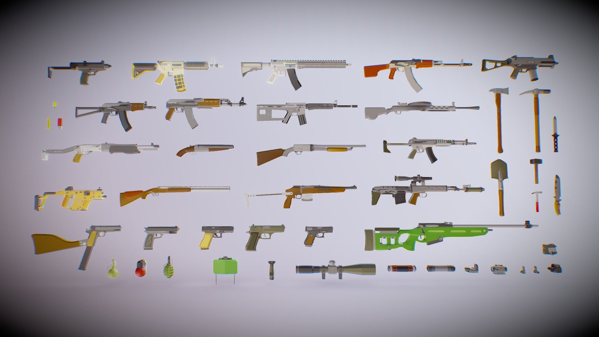 This package includes all individual models with clean topology in a zip file inside the package. The preview model appears to not have clean topology only because it was exported from Unity.

Polygonal Modern Weapons Collection 2 Asset Package is a weapon combination package designed to allow you to create multiple combinations of weapons to give your players the ultimate choice.

With hundreds of possible combinations players wont tire of creating their own weapon combinations or simply choosing one of the epic stock weapons for a long while!

Support email : alignedgames@mailbox.co.za

Aligned Games website : https://aligned-games.mailchimpsites.com/ - Polygonal Modern Weapons Collection 2 Asset Pack - Buy Royalty Free 3D model by Aligned Games (@Johannesnienaber) 3d model