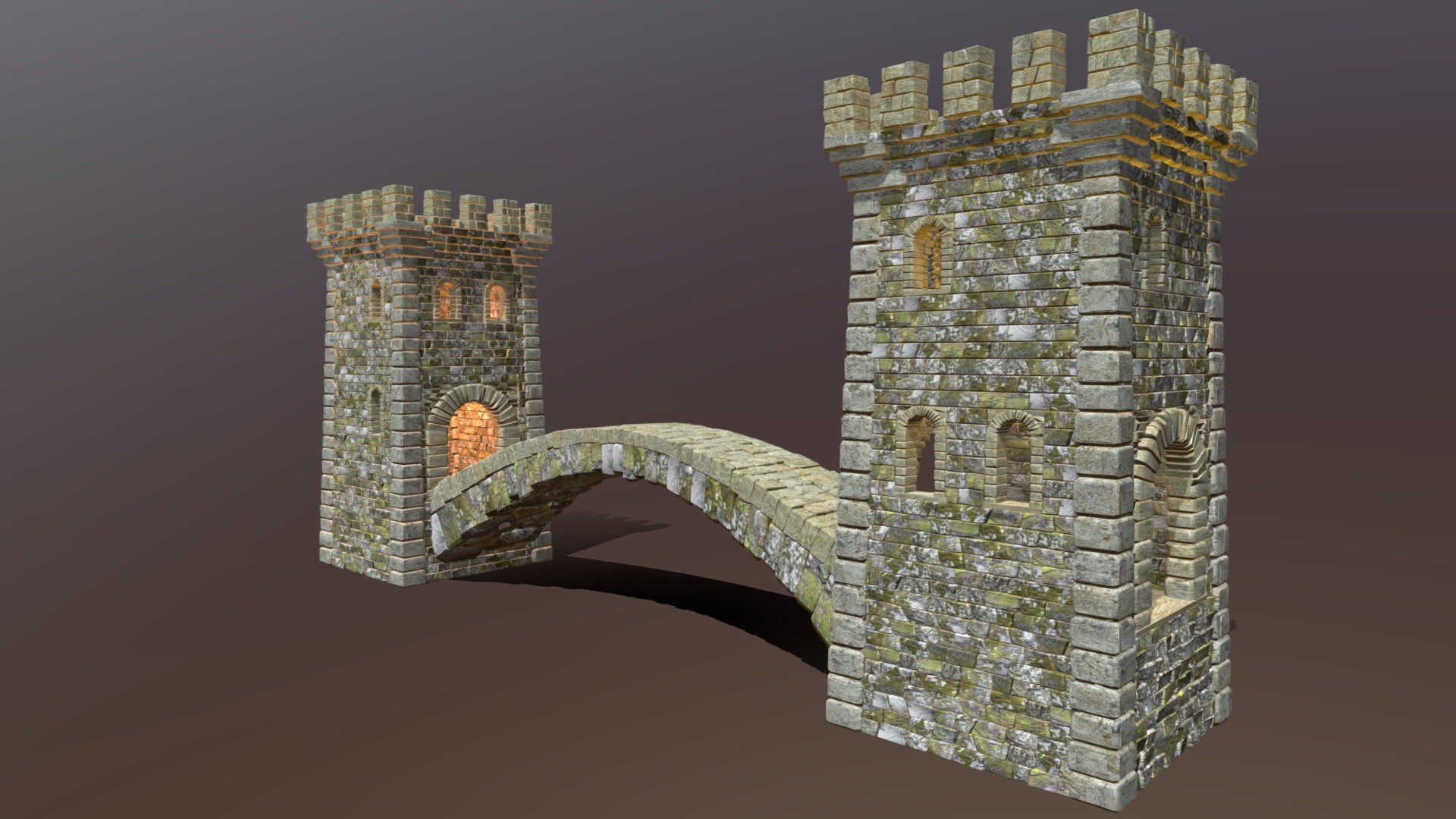 A stone arch bridge spans a moat between two medieval brick gate towers with battlements. All bricks of the 3D model are individually shaped and textured 3d model