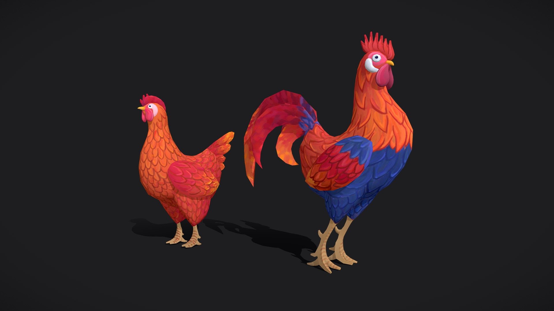 Rooster and hen 3d models 
Done in Maya, 3DCoat and Photoshop




Obj format

Handpainted texture

Optimized low poly

Non-overlapping UVs

2048 * 2048 texture
 - Handpainted rooster and hen - Download Free 3D model by Enkarra 3d model