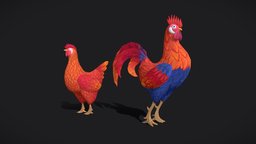 Handpainted rooster and hen toon, bird, pet, animals, chicken, farm, rooster, cock, hen, handpainted, game, lowpoly, stylized, village