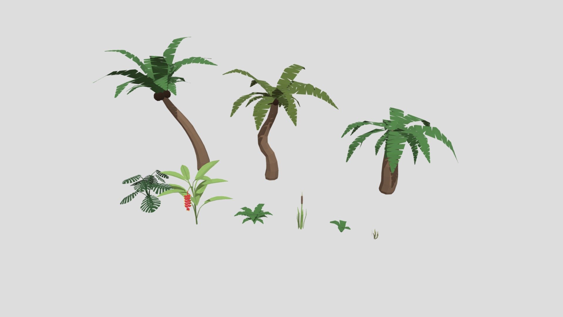 Low poly stylized tropical themed plant pack including 9 game ready .FBX assets, ready to use for Unreal Engine and Unity among others.

This pack includes:


Palm tree (3 variants)
Medium sized plant (3 variants)
Grass sized plant (3 variants)

This pack is also included in my Low poly Island pack:
https://sketchfab.com/3d-models/low-poly-island-pack-465c8330745d42ce8ef957a2a578ebbd - Low Poly Tropical Plant Pack - Buy Royalty Free 3D model by Raging Rocket (@RagingRocket) 3d model