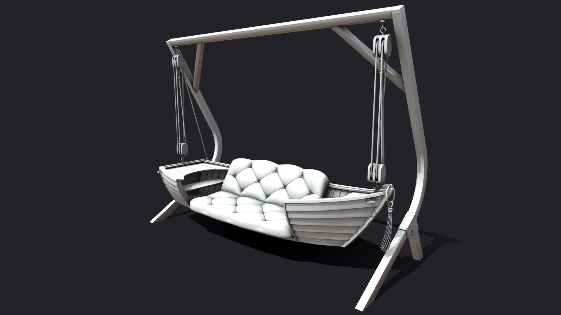 Boat repurposed as a swing. Details include pulley block, rope knots, tassels and seating 3d model