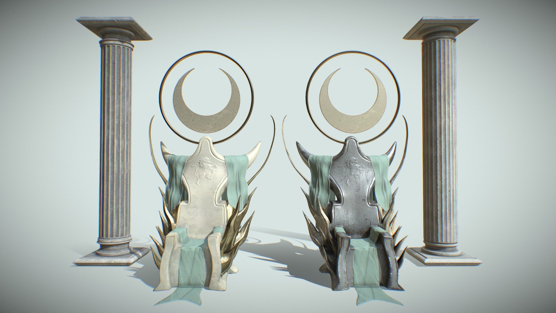 2 Versions of a sculpted throne, inspired by the sun, moon &amp; Greek Mythology.

2 Versions of a stone Column / pillar

Mix of 4K &amp; 2K Textures. 6 Sets total. 134Mb Unzipped.

Single Chair = 67K Verts. Not including fabric stuff.

Single Column/Pillar = 7K Verts

Additional organized Zip folder included. Obj &amp; Fbx Formats.

Textured in Substance / 3D Coat. Created in blender.

Dark Metal Alien Throne - https://skfb.ly/oAxyP
Free Throne - https://skfb.ly/ovvIq - Throne of Sol - Buy Royalty Free 3D model by bossdeff 3d model