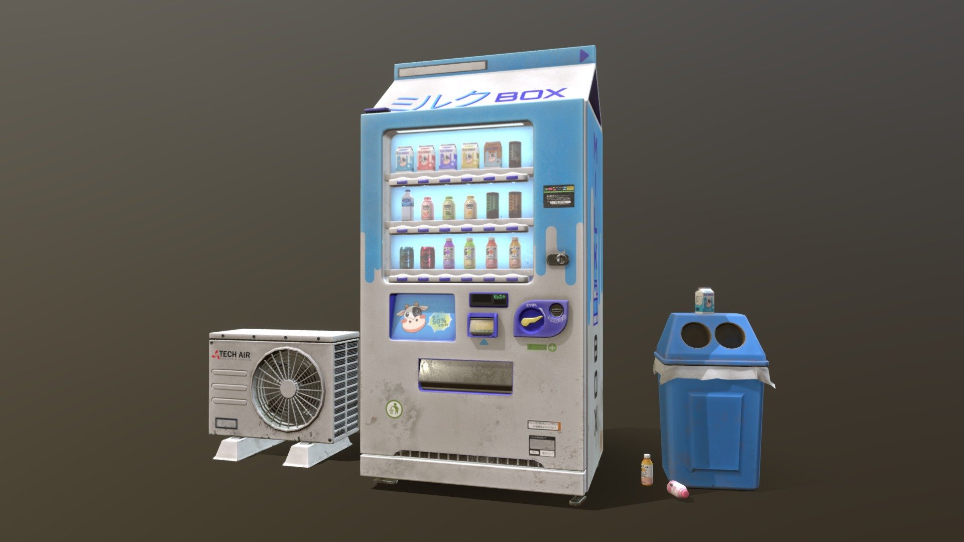 Japanese-inspired street props, featuring a vending machine, an ac unit and a small garbage bin.
The same model is published on my artstation page : https://www.artstation.com/artwork/nEZ3x1 - Milk Box Vending Machine - 3D model by LissaDixon 3d model