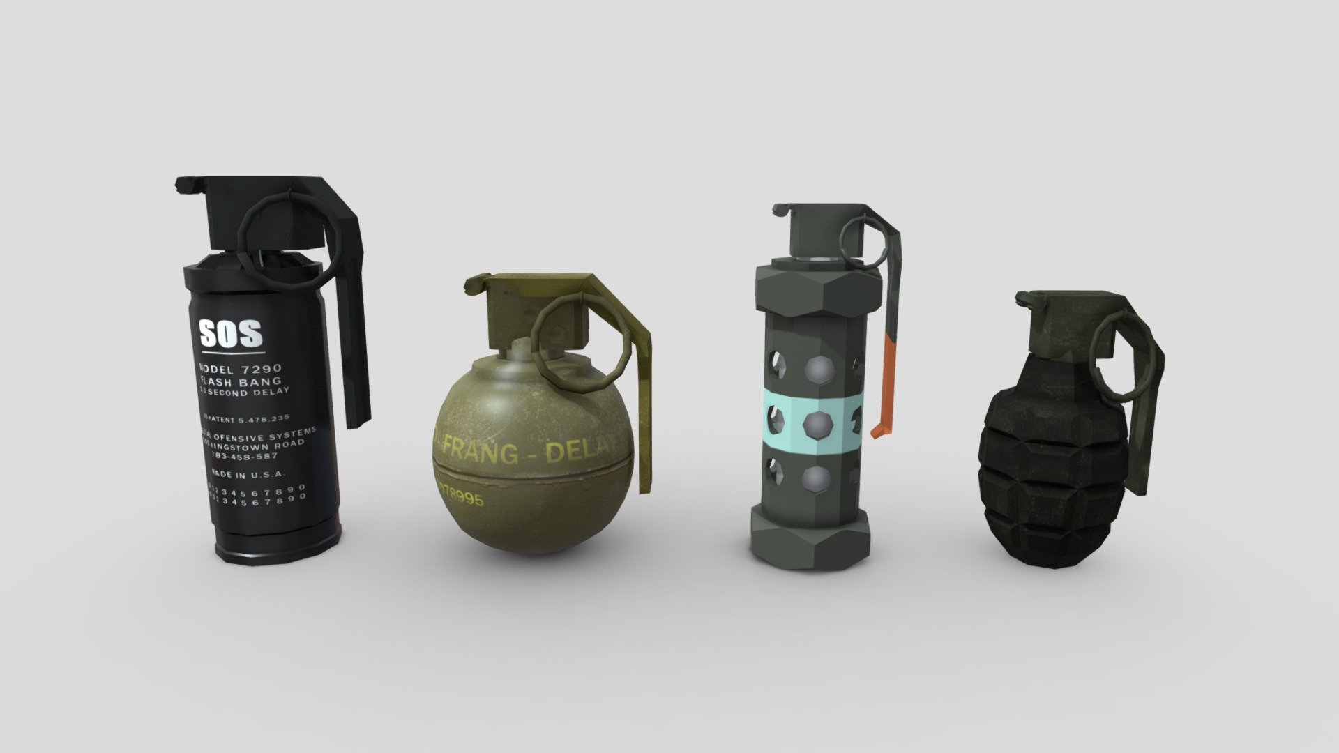 Features:





Polygons of all together: 5.796.




Polygons of M84: 1.679.



Polygon of Flashbang Model 7290: 1.181.

Polygon of Hand Grenade: 1.299.


Polygon of Grenade 7-74: 1.637.




Low poly and game ready.



All textures included and materials applied.

Grouped and nomed parts.

Optimized.

Easy to modify.

Plug-ins not required.

All formats tested and working.

Textures size: 2744x1720.

All models are present in a single scene to facilitate handling.
 - Grenade Pack - Buy Royalty Free 3D model by Elvair Lima (@elvair) 3d model