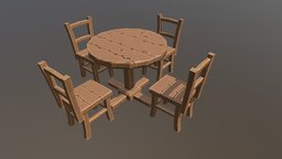 Table Chair 04 wooden, bench, table, cartoon, chair, wood, stylized