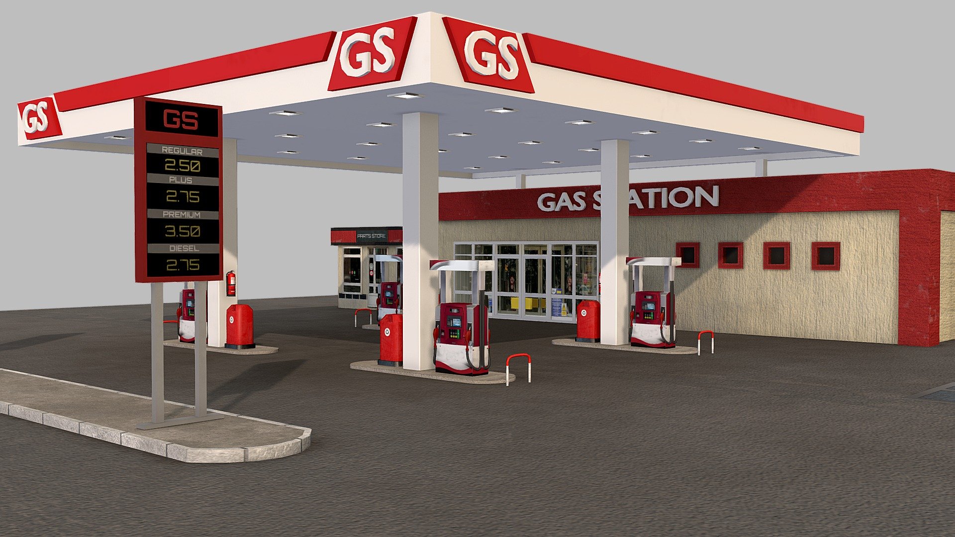 Features:




Low poly

Optmized

Game ready

Separated and nomed parts

Easy to modify

All formats tested and working

Textures included and materials applied.

Textures PBR MetalRoug and SpecGloss 2048x2048

Formats:




Blender (native)

FBX

OBJ

DAE

GLTF 2.0

Unity
 - Gas Station - Buy Royalty Free 3D model by Elvair Lima (@elvair) 3d model