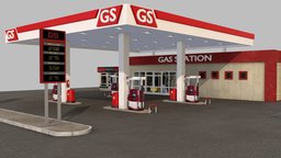 Gas Station gas, oil, gasoline, pump, urban, diesel, fuel, tank, station, patrol, unity, pbr, low, poly, city, building, street