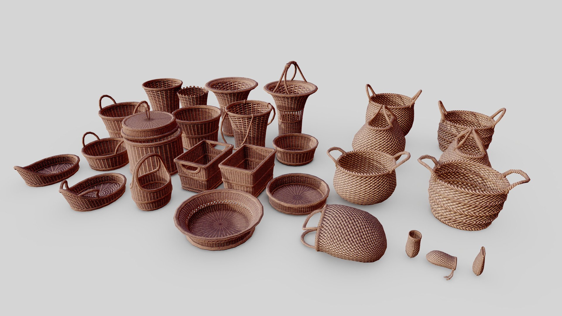 This pack contains a selection of low-poly, real-time-ready, wicker baskets and woven bags appropriate for most Mediterranean (Inc. Middle East and North Africa) or European historical, or historical-fantasy, settings. The sources for these were primarily archaeological finds and iconography from throughout the Roman Empire. However, similar baskets could be found elsewhere throughout the Middle Ages and in to the modern period. Basket weaving technology has remained pretty stable for thousands of year. The woven items are more Mediterranean specific, as they were usually made of palm fronds - the two bags are based on Roman mosaics and archaeological finds from Egypt and come in various different positions. The woven purse is based off of a Roman-period archaeological find from the site of San Rossore in Pisa 3d model