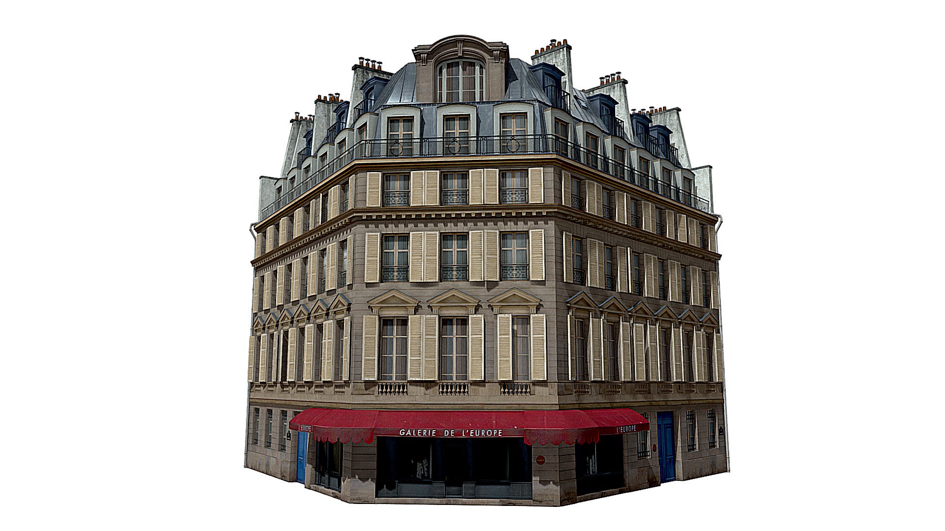 This Parisian corner building is a high end, photorealistic 3D model, that is created to help you add the realism to your project.

The model is suitable for any visual production - broadcast, high-res film close-ups, advertising, games, design visualization, forensic presentation, animated movie production, still illustration etc.

Model has real world scale, clean optimized topology 3d model