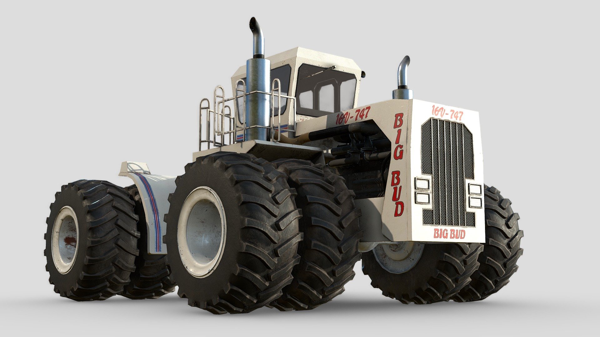 The Big Bud 747, the largest tractor in the world. 

Created in Maya, textured with Substance Painter. 

The model materials are broken up into 5 different peices with Cabin, Body, Wheels, Engine and Glass with their own unwrapped and UV'd textures. 
Textures are 4096x4096 - Big Bud 747 Tractor - Buy Royalty Free 3D model by Mike Nixon (@MichaelNixon) 3d model