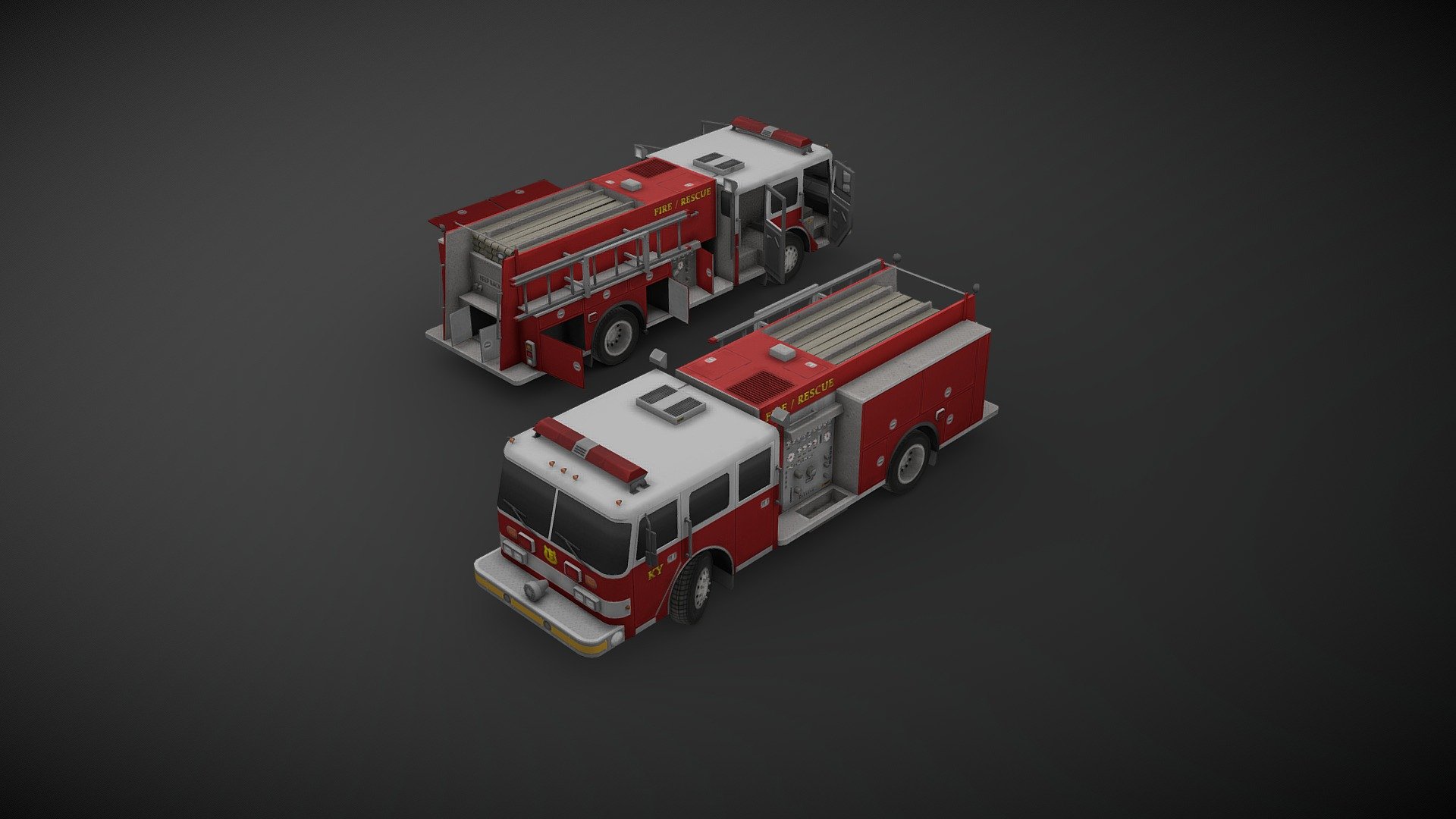 This is a start of a small series of emergency vehicles, this one is a showcase of a 1990 Pierce Arrow Pumper I’ve made for project ZOMBOID, low poly but with a high detail texture, optimized for game engine. This version is not a 100% true to the original since there are some compromises I’ve had to make to present it here.

You can find the actual version in project ZOMBOID STEAM Workshop 3d model