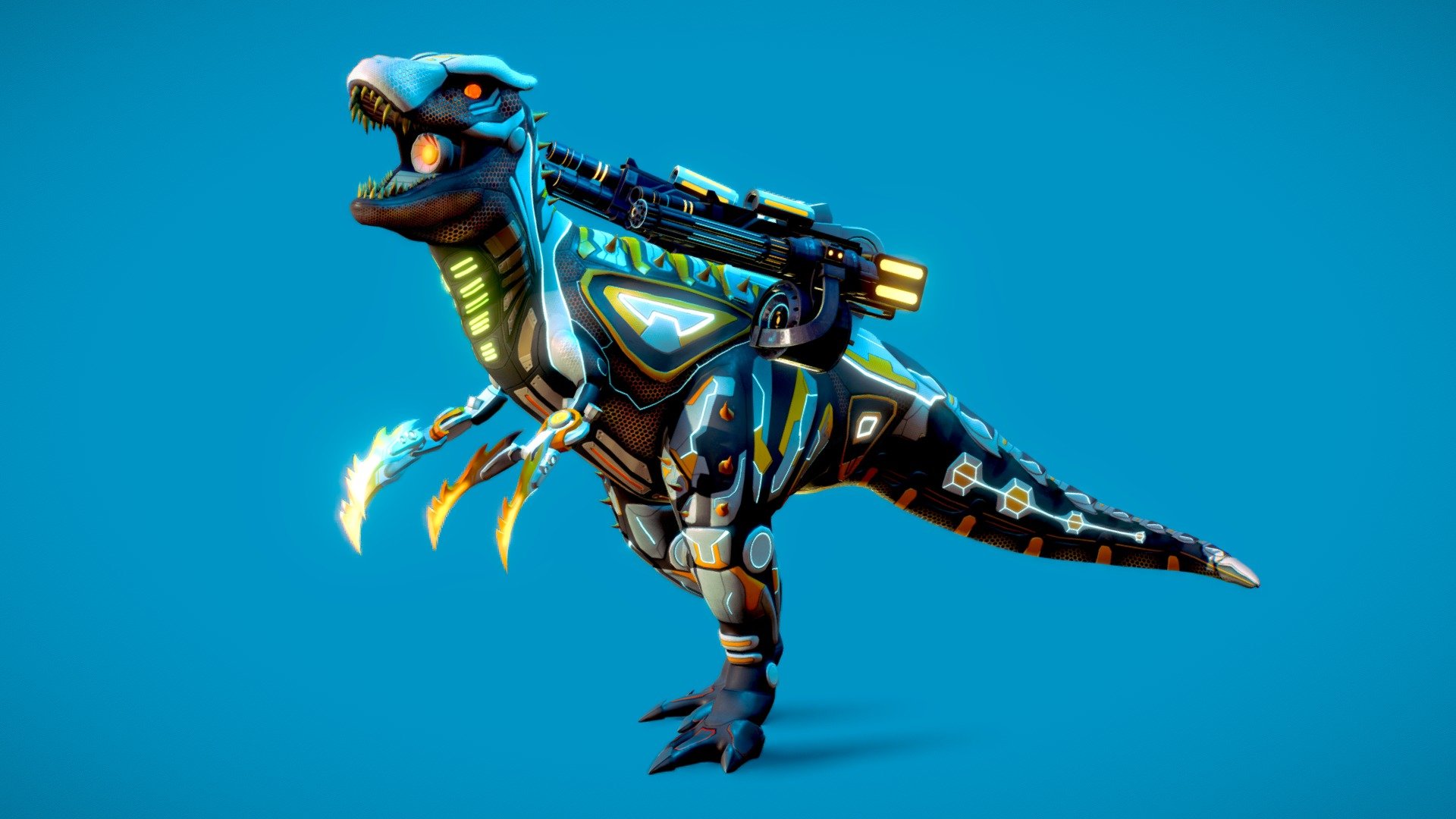 Lowpoly Cybernetic Weaponize Tyranosaurus

**NOTE! Download the ” Additional File ” to get all file. Such as, Blend file ( Rigged &amp; Unrigged ), Fbx file, GLB file and all texture set!
**

3D model made in Blender 3.5.1 version

This model contains:





Static Model




Rig + Pose Model




PBR Texture (Diffuse, Rougness, Metallic, Nomal Map and Heightmap)



3D Details : 
Verts : 41,645
Faces : 42,767
Tris : 80,392 - Lowpoly Cybernetic Tyranosaurus - Buy Royalty Free 3D model by Animabyfad 3d model