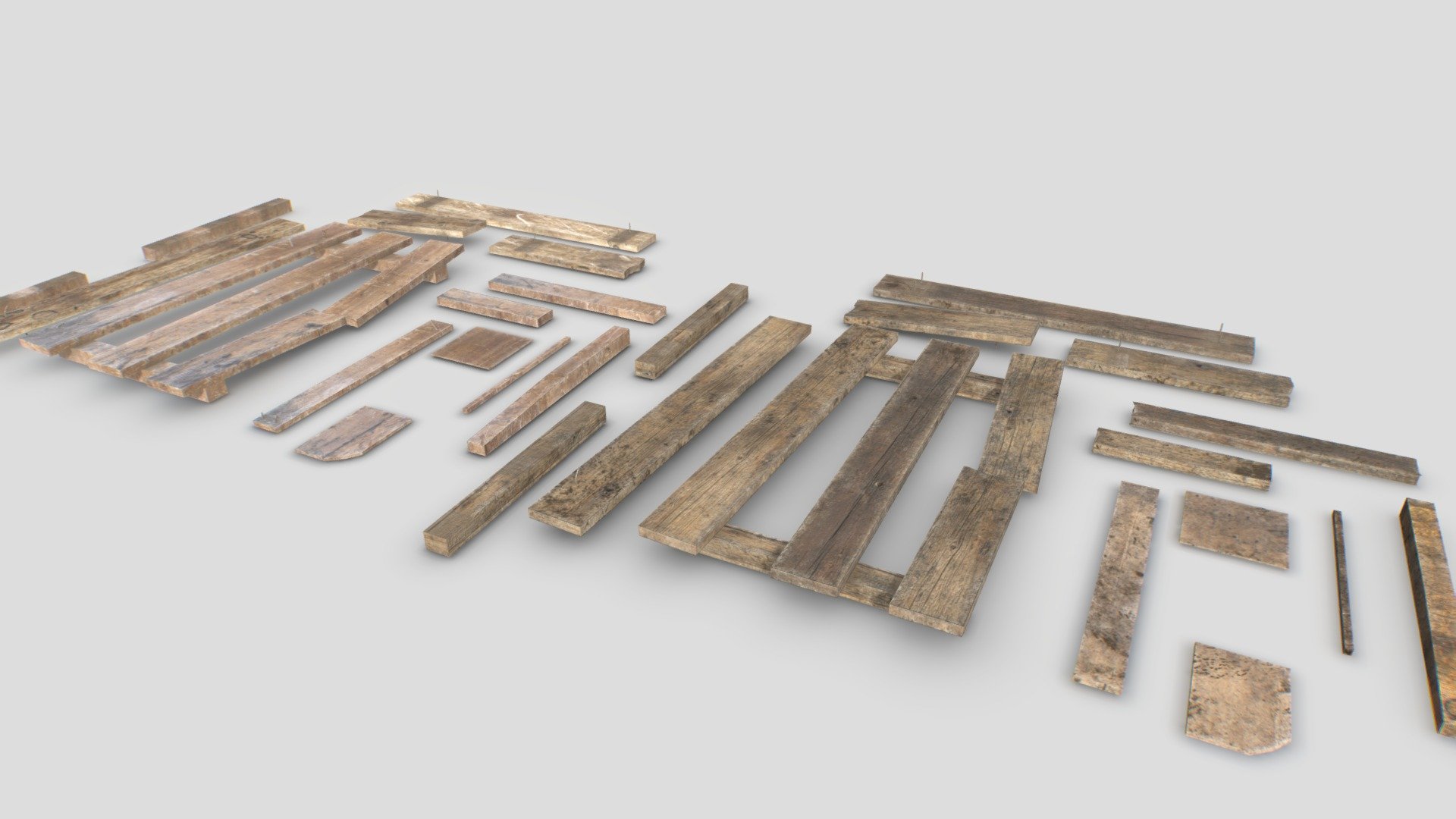 Pack of wooden planks. Realistic scale. Includes 14 different objects.

Comes with 3 texture sets.

1 material.

4096x PBR textures including Albedo, Normal, Metalness, Roughness and AO. Unreal ARM mask texture included (ao, rough, metal). Also unity HDRP mask included.

2k verts and 3k tris in total.

Suitable for landfills, street garbage, apocalyptic scenes, etc&hellip; - Wooden Debris - Buy Royalty Free 3D model by 32cm 3d model