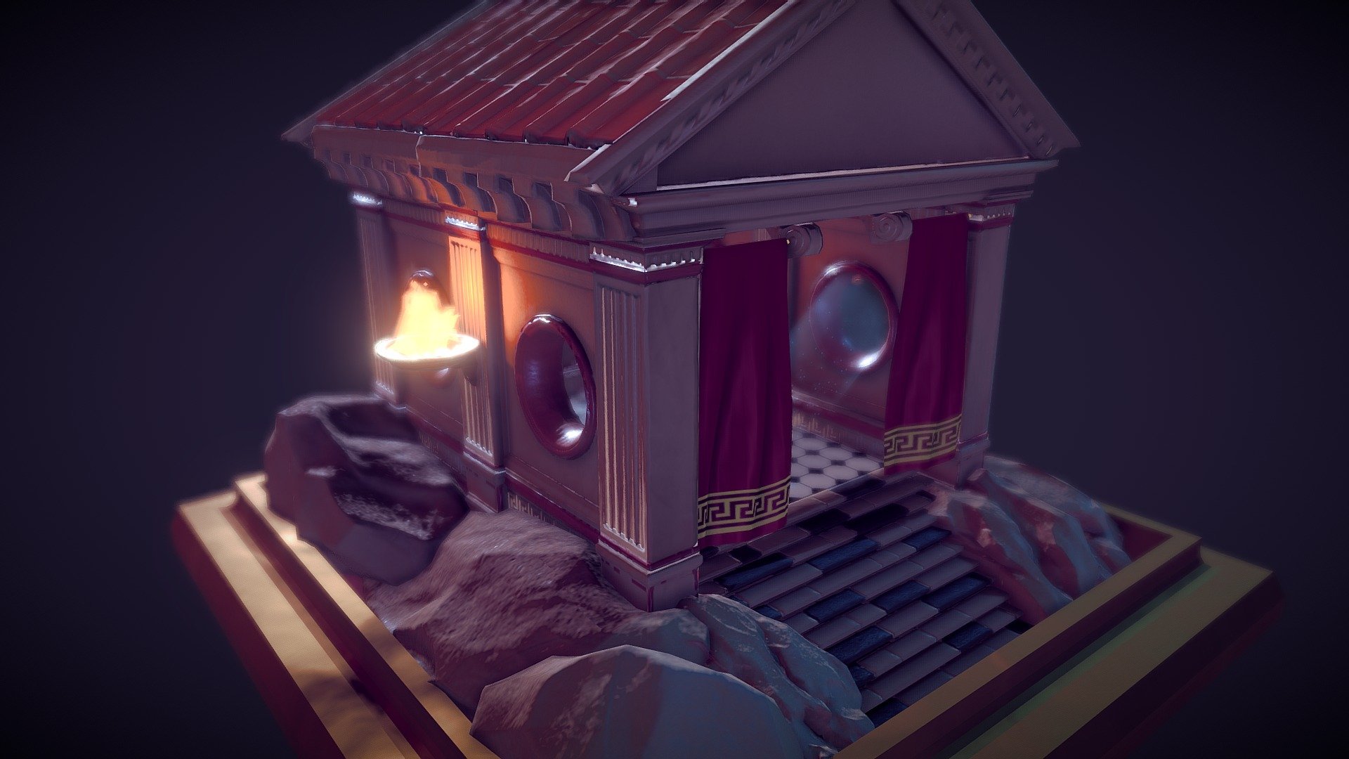 A second building using my modular temple kit :)

I tried to go for a temple exterior/interior at night to check if I could get a proper mood and lighting done.

Like before, all textured inside Quixel Suitte.
Baked lighting was done in Blender 3d model