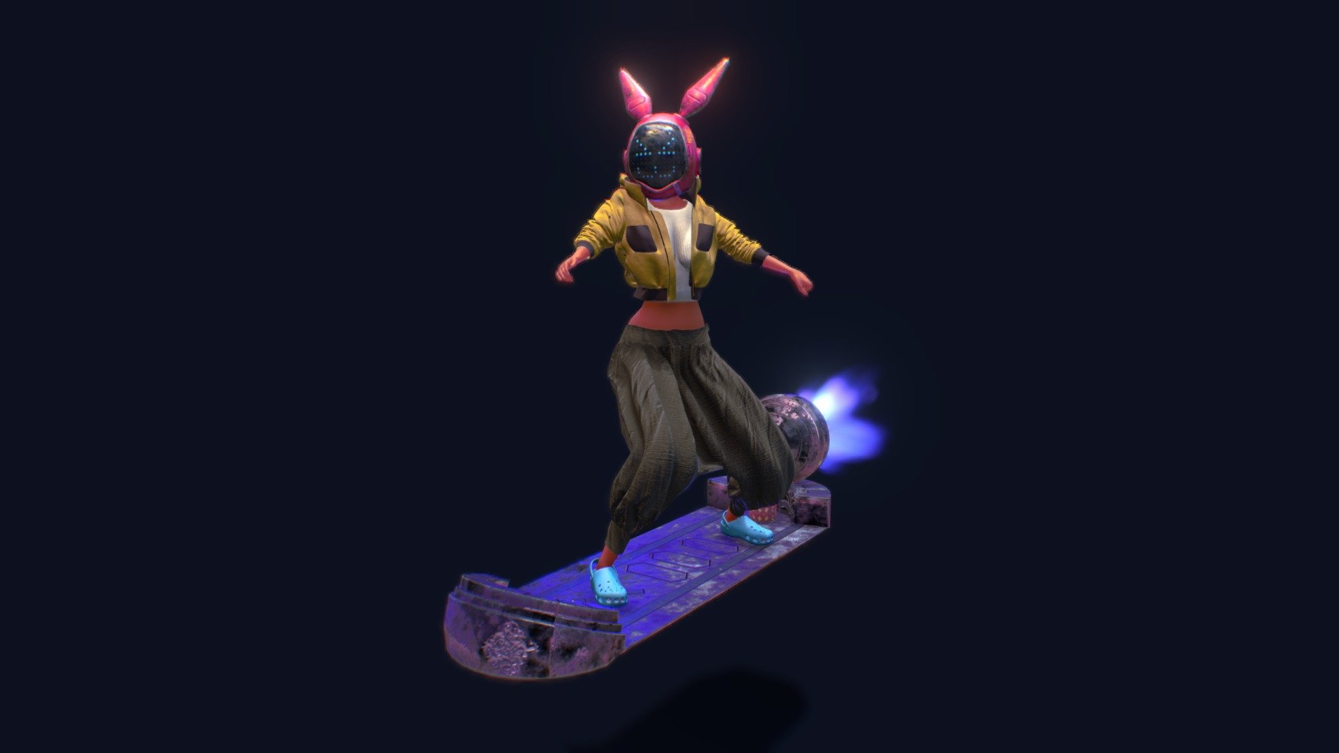 It's a model of a girl with a sci-fi robot bunny head, riding a hoverboard, with a simple loop animation. 

Hope you like it 3d model
