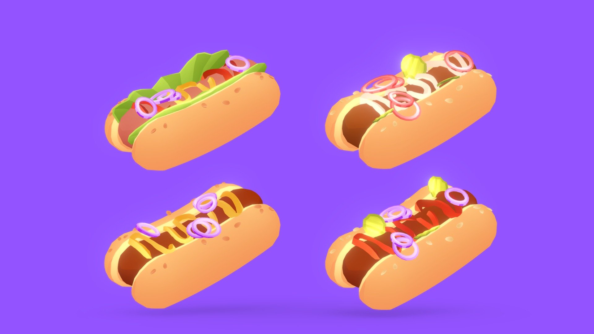 Low poly cute unlit hotdogs  pack.

Textured with gradient atlas, so it is performant for mobile games and video games.

Like a few of my other assets
in the same style, it uses a single texture diffuse map and is mapped using only color gradients. 
All gradient textures can be extended and combined to a large atlas.

There are more assets in this style to add to your game scene or environment. Check out my sale.

If you want to change the colors of the assets, you just need to move the UVs on the atlas to a different gradient.
Or contact me for changes, for a small fee.

I also accept freelance jobs. Do not hesitate to write me. 

Note: The assets provided cannot be shared or resold on any asset marketplace.*-------------Terms of Use--------------

Commercial use of the assets  provided is permitted but cannot be included in an asset pack or sold at any sort of asset/resource marketplace.* - Hot Dogs - Buy Royalty Free 3D model by Stylized Box (@Stylized_Box) 3d model