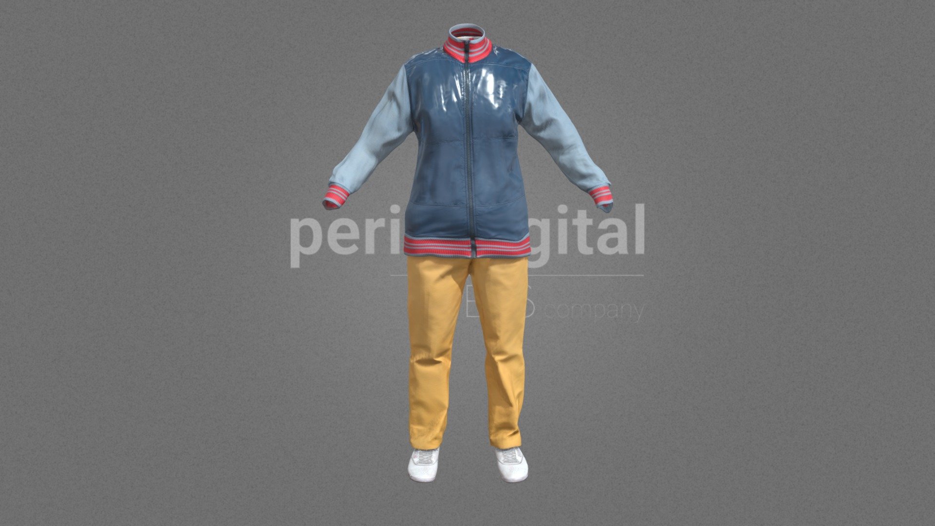 Blue jacket with light blue sleeves and red necj and cuffs, white short sleeved shirt with prints, yellow trousers and white shoes

PERIS DIGITAL HIGH QUALITY 3D CLOTHING They are optimized for use in medium/high poly 3D scenes and optimized for rendering. We do not include characters, but they are positioned for you to include and adjust your own character. They have a LOW Poly Mesh (LODRIG) inside the Blender file (included in the AdditionalFiles), which you can use for vertex weighting or cloth simulation and thus, make the transfer of vertices or property masks from the LOW to the HIGH model. We have included in Additional Files, the texture maps in high resolution, as well as the Displacement maps in high resolution too, so you can perform extreme point of view with your 3D cameras. With the Blender file (included in AdditionalFiles) you will be able to edit any aspect of the set . Enjoy it!

Web: https://peris.digital/ - 80s Fashion Series - Woman 26 - 3D model by Peris Digital (@perisdigital) 3d model
