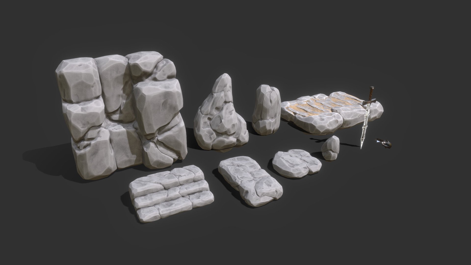 This is a game ready pack with stylized rocks for creating a lava cave environment. I've also included a sword and part of a chain that can be cloned to create full chain 3d model