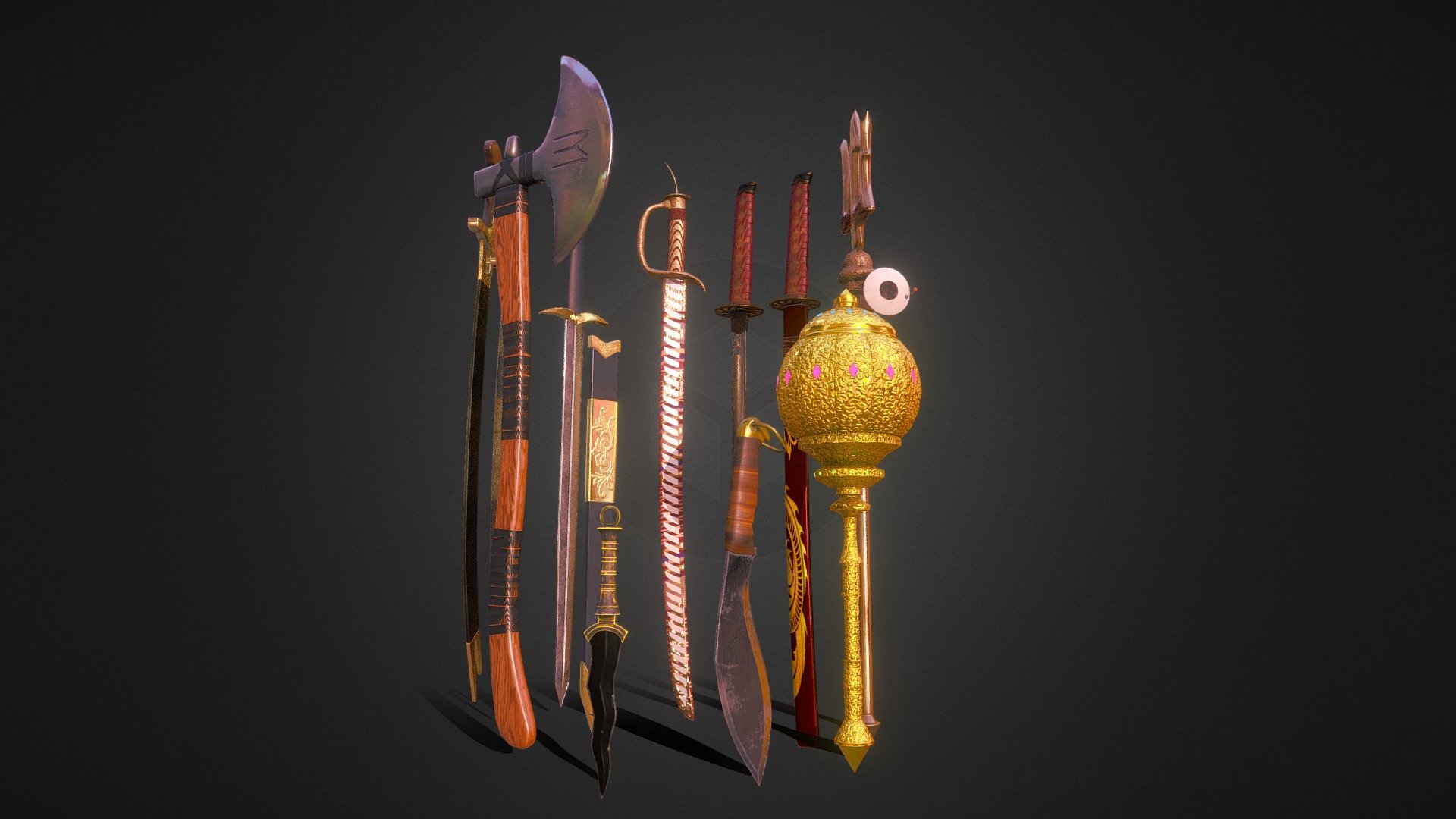 This weapon pack contains The historic weapons which can be used for games and are Low Poly weapons. Clean UV's For each mesh and clean topology.
Can be used for Mods, Commercial/Non-Comercial Purpose.

Names Of Weapons 




Hanuman Gada (Mace) - 4204 Poly

Kukri Machete - 2209 Poly

Karambit Dagger-  2989 Poly

Turgut Alp Axe - 8920 Poly

Zulfiqar Sword - 11074 Poly

Kai Village Sword - 2590 Poly

Shivaji's Bhavani Sword - 14029

Katana - 8337

Lord Shiva's Trishul - 5576
 - Realistic Historic Melee Weapon Pack - Buy Royalty Free 3D model by OrnaLabs 3d model
