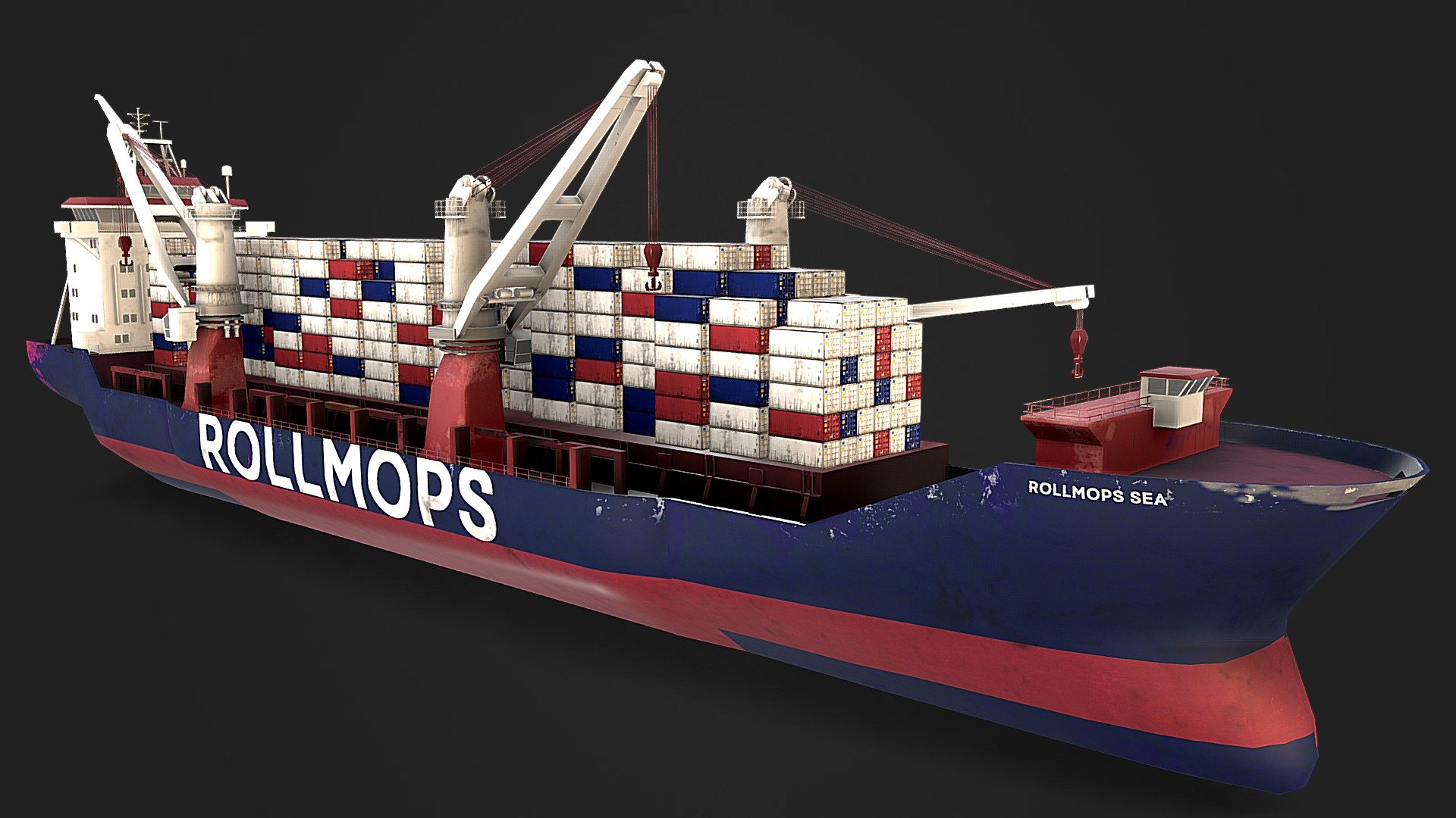 Realtime optimized, low poly Cargo Ship with Rollmops livery (fictive). As heavy lift multipurpose cargo ship it can carry virtually any load, not just containers. Complete model with containers has a triangle count of 35641 tris, without containers 25393 tris. Included are PBR specular workflow ready textures in native 4096x4096 px. Model is made in real world scale meters with a lenght of appr. 200 m. View the complete Low Poly Cargo Ship collection here: https://skfb.ly/oRL6I - Low Poly Cargo Ship - Rollmops Livery - Buy Royalty Free 3D model by cgamp 3d model