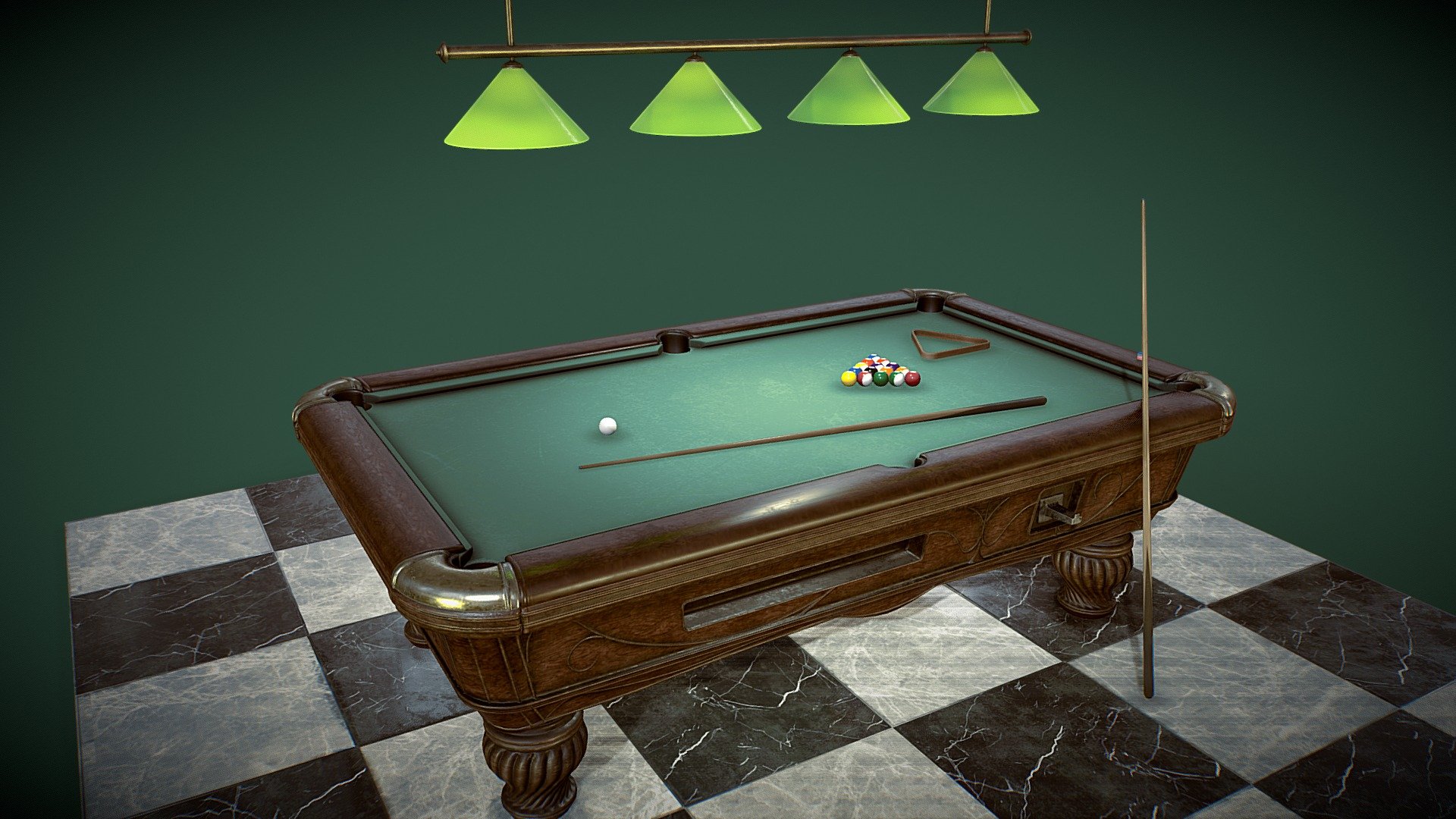 This pool table is forgotten in the hotel halls in Cairo but once a couple of foreign curious characters were playing while they were guessing where the pharaoh was hidden. Wood pool table with 5 assets: pool table, chalk, cues, balls, lamp and floor. The assets are made in low poly high detail version with 24.312 polys, and textures in 4096 x 4096 px. ( Ambient occlusion, metallic, roughness, base color, opacity, emission and normal map) 3d model