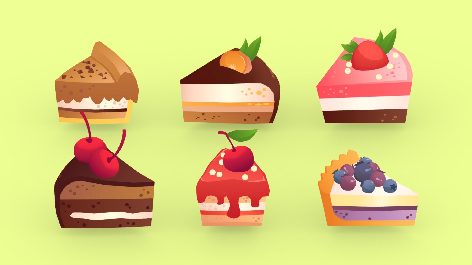 cute cakes and pies pack.

Textured with gradient atlas, so it is performant for mobile games and video games.

Like a few of my other assets in the same style, it uses a single texture diffuse map and is mapped using only color gradients. 
All gradient textures can be extended and combined to a large atlas.

There are more assets in this style to add to your game scene or environment. Check out my sale.

If you want to change the colors of the assets, you just need to move the UVs on the atlas to a different gradient.
Or contact me for changes, for a small fee.

**I also accept freelance jobs. Do not hesitate to write me. **

*-------------Terms of Use--------------

Commercial use of the assets  provided is permitted but cannot be included in an asset pack or sold at any sort of asset/resource marketplace.*

9213140

5207418 - Cartoon Cakes And Pies 002 - Buy Royalty Free 3D model by Stylized Box (@Stylized_Box) 3d model