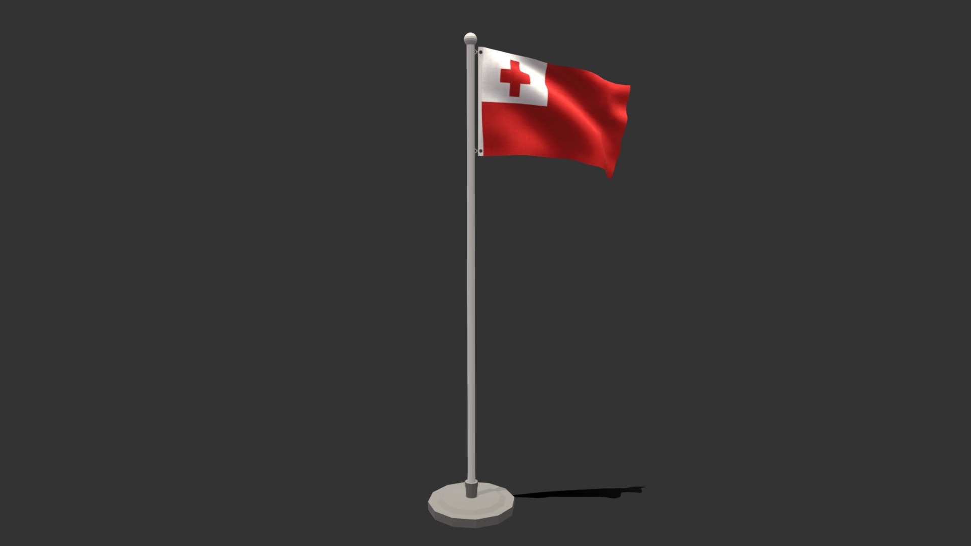 This is a low poly 3D model of an animated flag of Tonga. The low poly flag was modeled and prepared for low-poly style renderings, background, general CG visualization presented as 2 meshes with quads only.

Verts : 1.416 Faces : 1.343.

1024x1024 textures included. Diffuse, roughness and normal maps available only for flag. The pole have simple materials with colors.

The animation is based on shapekeys, 248 frames and seamless, no rig included.

The original file was created in blender. You will receive a OBJ, FBX, blend, DAE, Stl, gLTF, abc.

****PLEASE NOTE Animation icluded only in blend, FBX, abc and glTF files.

Warning: Depending on which software package you are using, the exchange formats (.obj , .dae, .fbx) may not match the preview images exactly. Due to the nature of these formats, there may be some textures that have to be loaded by hand and possibly triangulated geometry 3d model