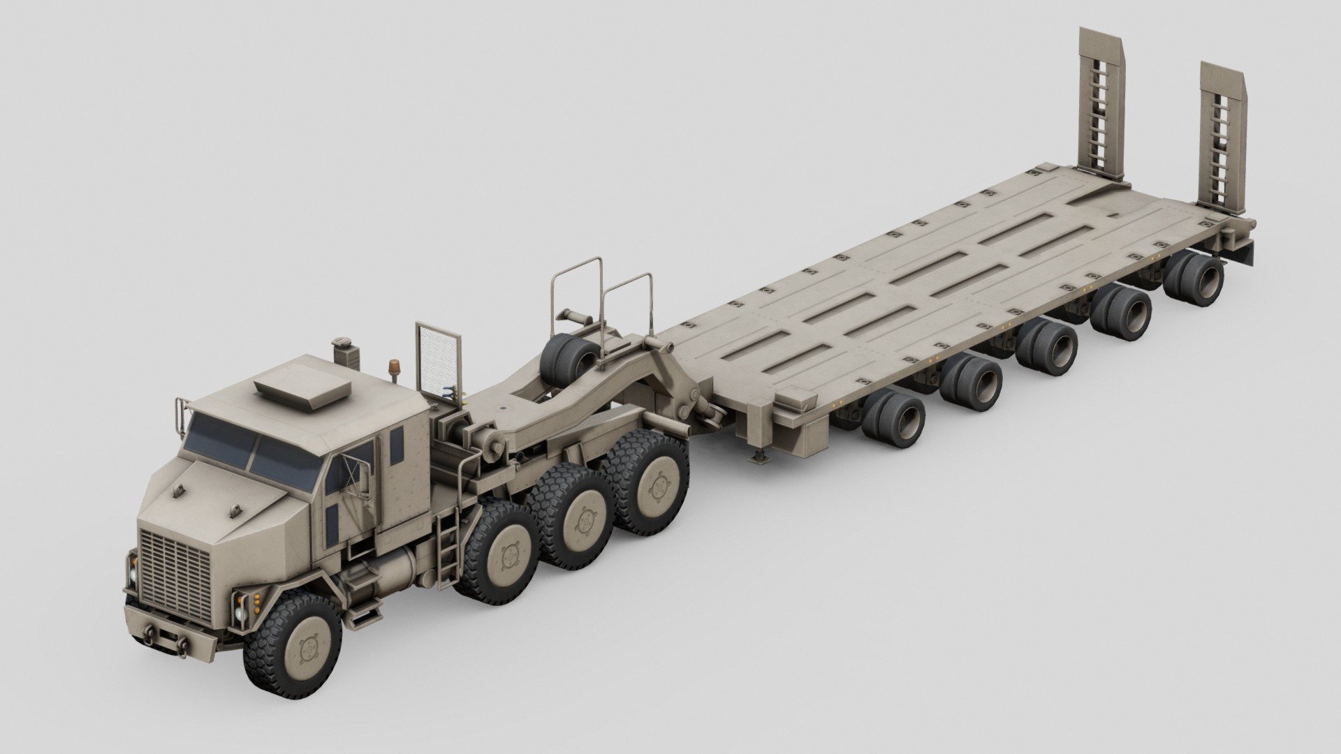 Check out this collection for more: US army vehicle models

M1070 is a U.S. Army tank transporter tractor unit. The primary purpose of this combination for the U.S. Army is the transport of the M1 Abrams tank.

The M1070 is coupled to a M1000 semi-trailer. The M1300 is a U.S. Army Europe-specific derivative designed to be road legal within Europe and operates with a different trailer. They replaced the earlier M911 tractor unit and M747 semi-trailer.

4K PBR textures. Separate materials for the truck cabin, frame, trailer and wheel.

Includes NATO 3 color textures 3d model