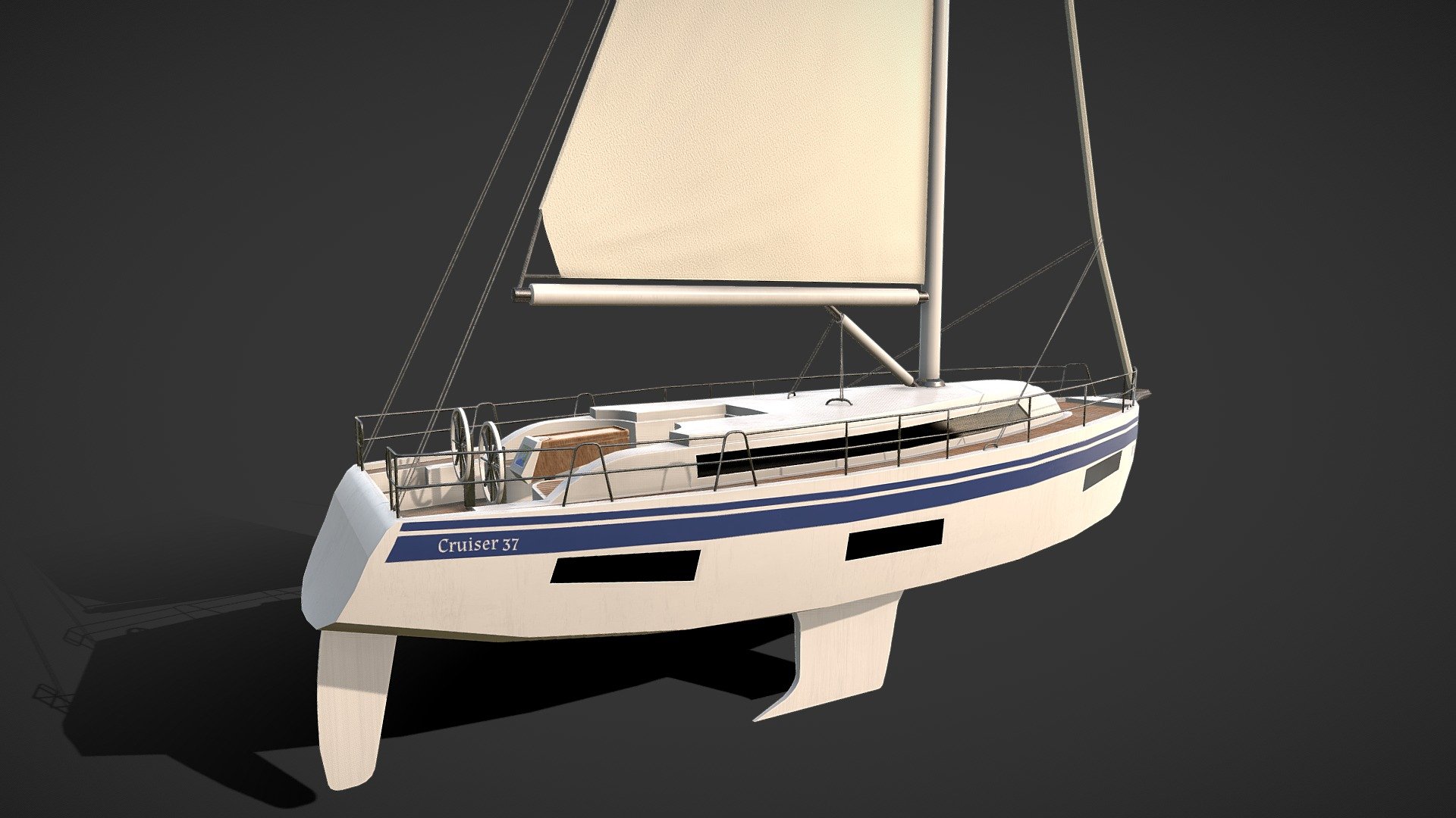 Sailing Boat Bavaria Cruiser 37 is both an hobby and dream model for me. I simplified some details to make the model game-ready and lowpoly and I want to apologize from enthusiasts of the boat. 

Modelled in blender and textured in Substance 3D Painter with PBR principles. 
The boat and sail fabrics are seperated for optional uses. Not rigged. 

Model Dimensions with pole and tail: 4.38m x 12.5m x 19m - Sailing Boat Bavaria Cruiser 37 - 3D model by pixelAlp 3d model