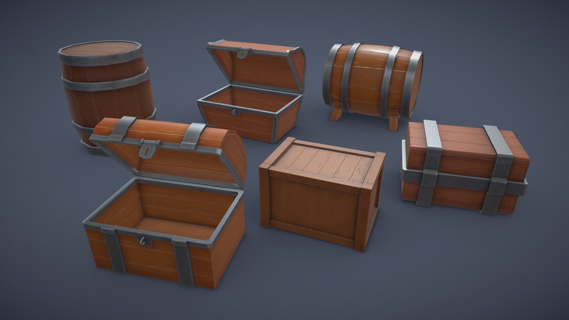 Low Poly Pirate Storage Asset Pack. 
Made in Maya and Substance Painter - Barrels, Boxes, Chests - Buy Royalty Free 3D model by Solid (@solidmayo) 3d model