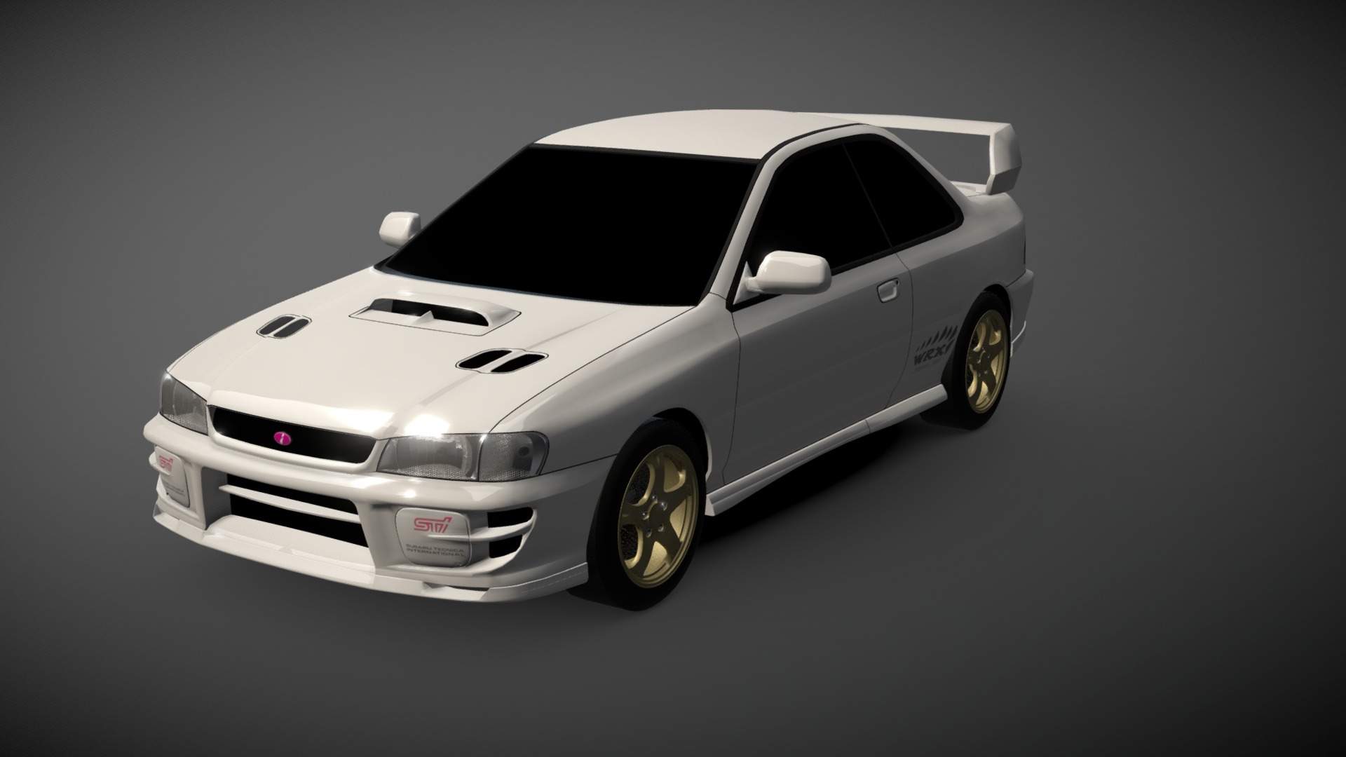 An unfinished Subaru Impreza model I made back in 09-2015. 
My third ever model.
46 338 triangles total.
About 100 hours put into it.

Made in 2015 3d model