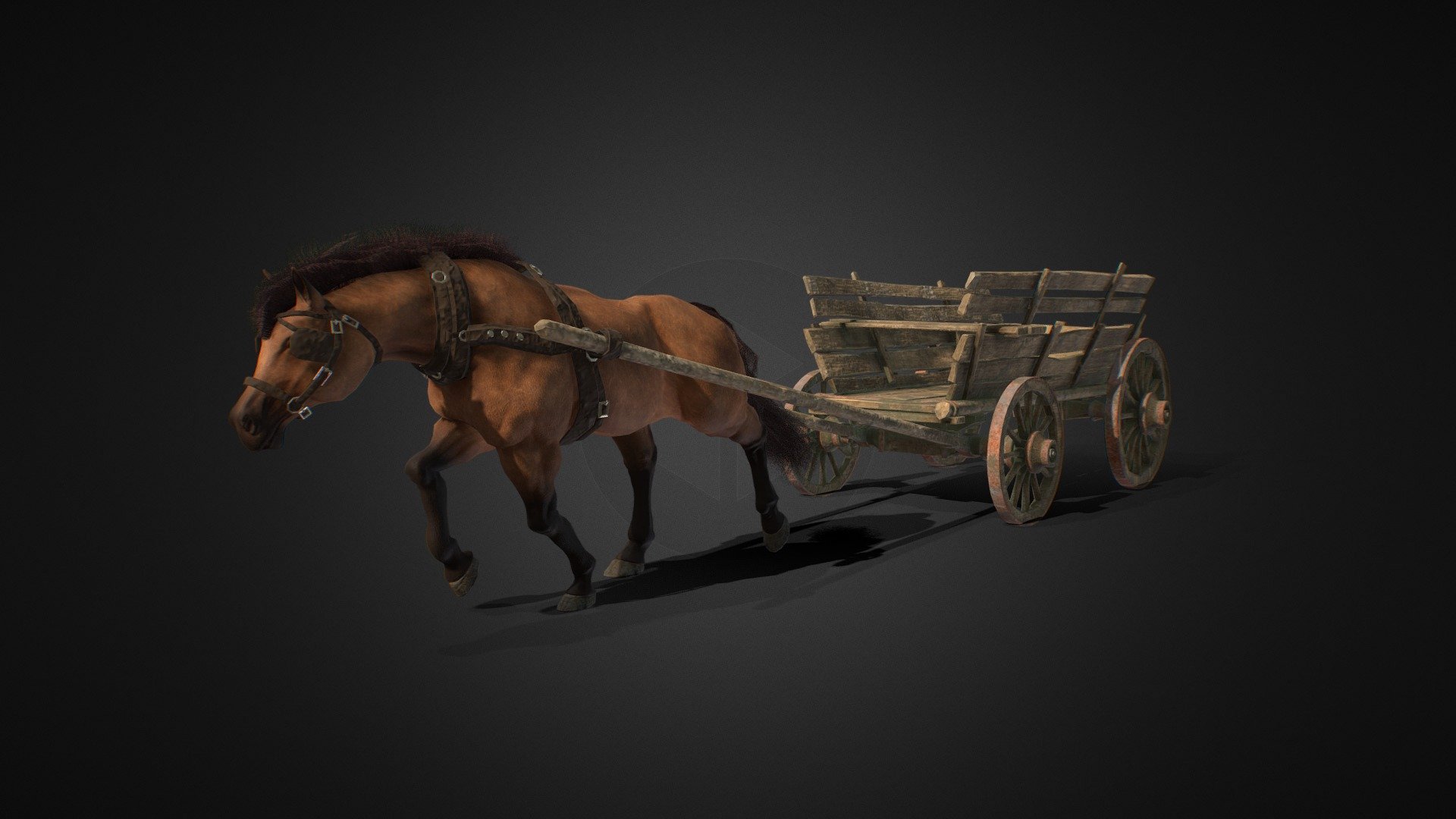 A rigged Horse that is harnessed to a cart.
Blend* file have set for simple animation of collision dray with ground.

Verts: 31161
Faces: 28467

Animations: 
Horse - Gallop, Walk, Stay
Dray - Turn (left, right), Wheels rotation

Objects: Dray, Horse, Harness
Rigs: Horse, Dray - Dray with Horse - 3D model by evilvoland 3d model