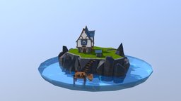 Low Poly Medieval Island well, rocks, medieval, island, water, waterfall, lowpoly, house, rock