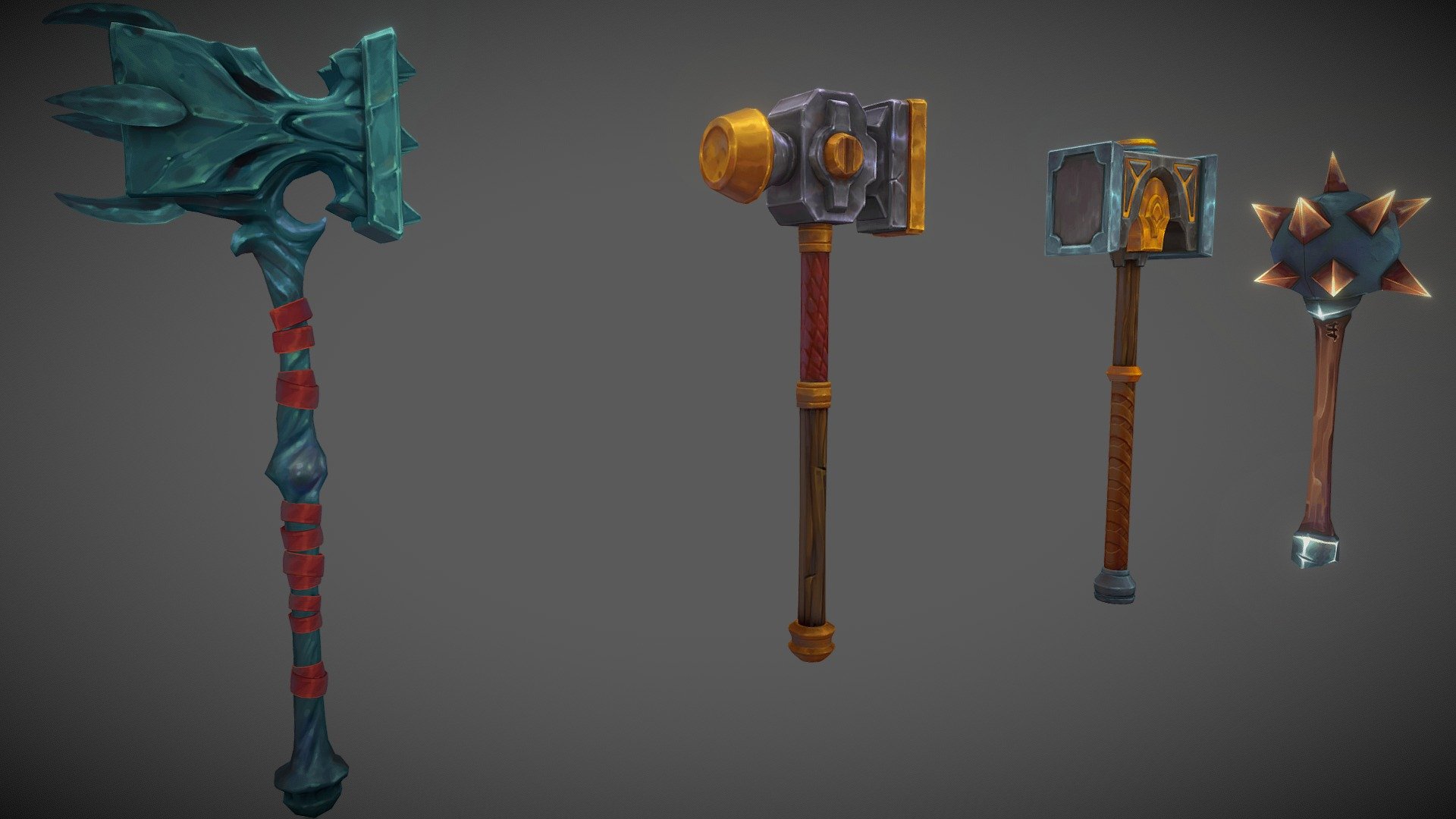 Stylized weapons for a project.

Software used: Zbrush, Autodesk Maya, Autodesk 3ds Max, Substance Painter - Stylized Fantasy Hammers - 3D model by N-hance Studio (@Malice6731) 3d model