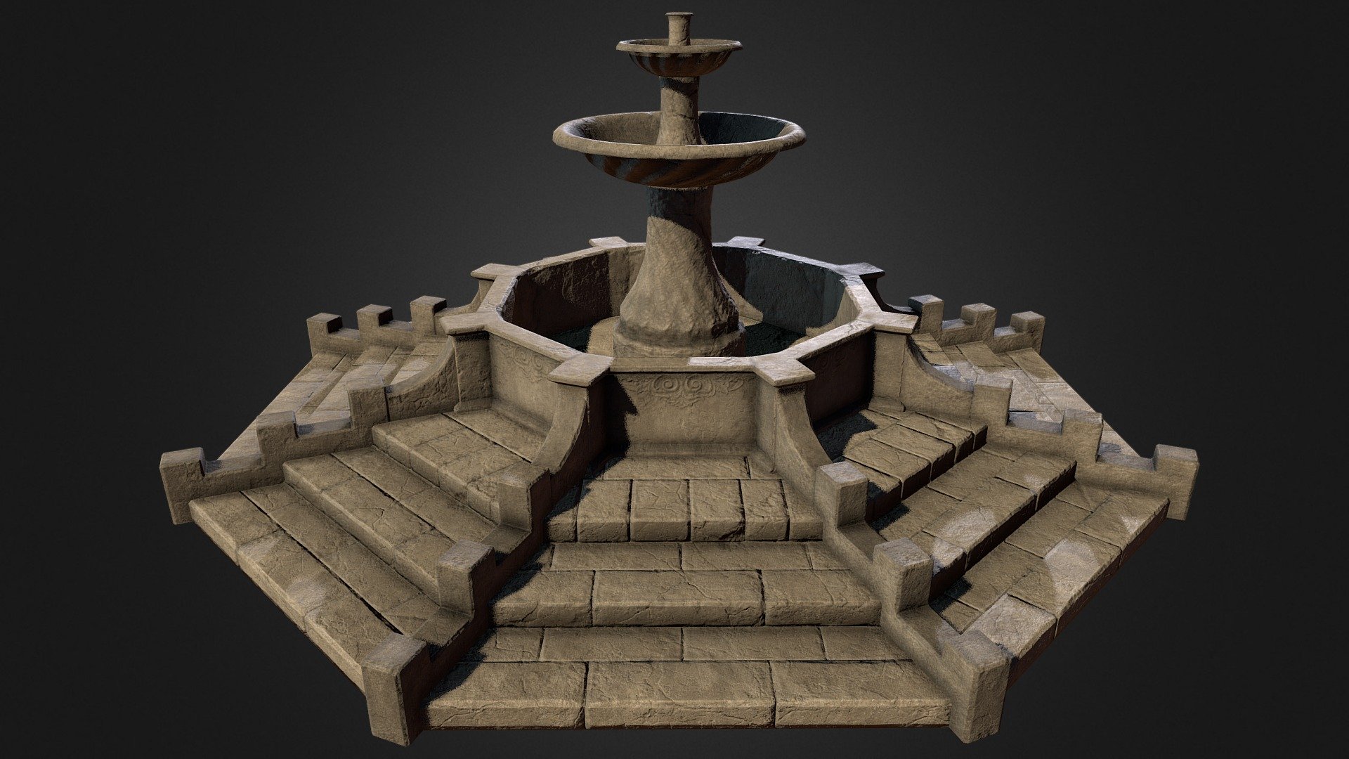 Artstation

Overview: Stone Water Fountain with two variants (one with Water mesh planes, one without). 

Geometry: Package includes the Base Mesh, two LOD’s in both .fbx and .obj file formats. Also included is a .uasset file with LOD's, collision, and a generated lightmap.

3DS Max Dimensions – D26m x H10.8m approximate to real world scale 
Pivot is centred to the base of the model and is set at X:0 Y:0 Z:0

Base Mesh – 4,566 Tris




LOD 1 – 3,543 Tris

LOD 2 – 3,069 Tris

Base Mesh Without Water – 4,526 Tris




LOD 1 – 3,503 Tris

LOD 2 – 3,069 Tris

Textures: Uses two sets of PBR Textures at 2048x2048 for the fountain and 1024x1024 for the water in PNG format with both Metalness and Specular workflow.

If you have any questions, please feel free to contact me 3d model