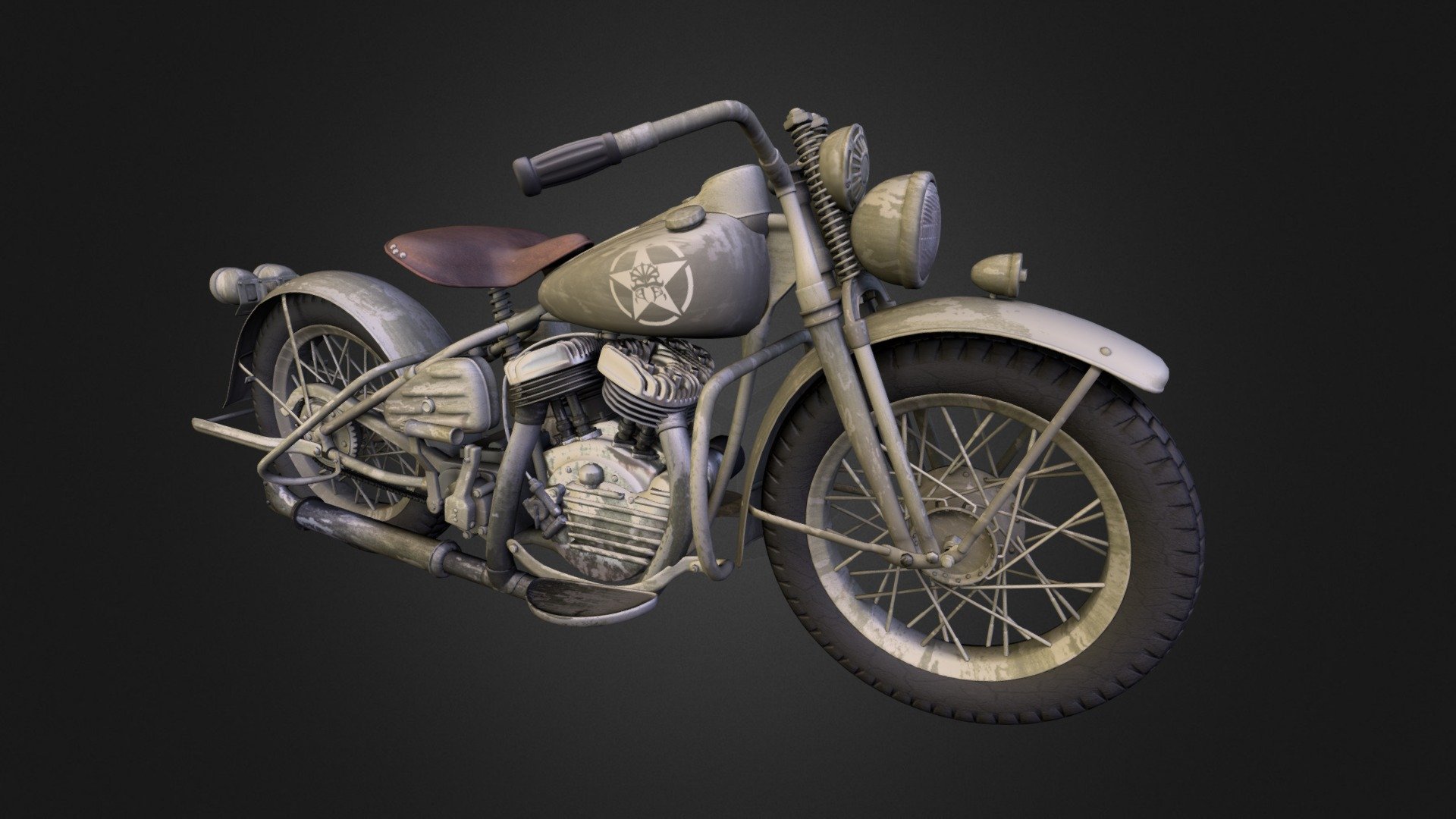 An old school military motorcycle from the WW2 era based on Harley Davidson WLA. Modeled from scratch using Maya 2014. Textures baked using Blender Cycles. One of my own personal projects focusing on hard surface modeling 3d model