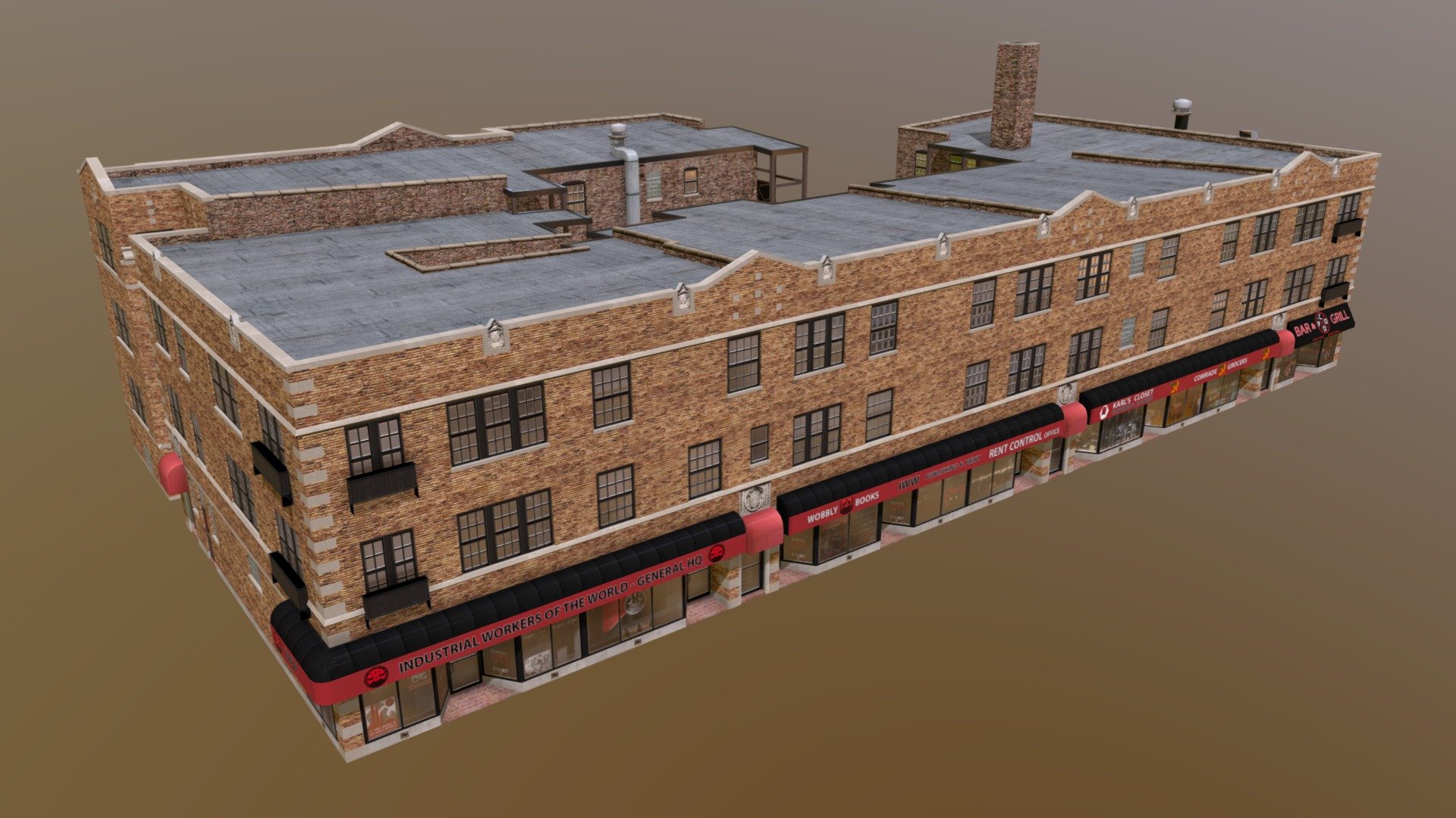 A fictionalized version of the General Headquarters of the Industrial Workers of the World in Chicago 3d model
