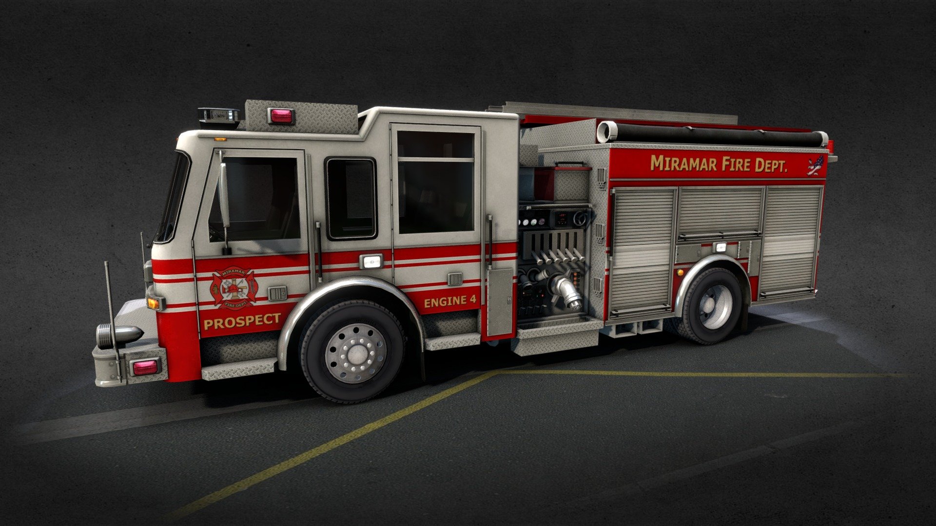 American Fire engine, based rather loosely on Pierce Arrow XT.

AI vehicle made for American Truck Simulator from SCS Software.
https://store.steampowered.com/app/270880/American_Truck_Simulator/ - Generic American Fire Engine - 3D model by Araon 3d model