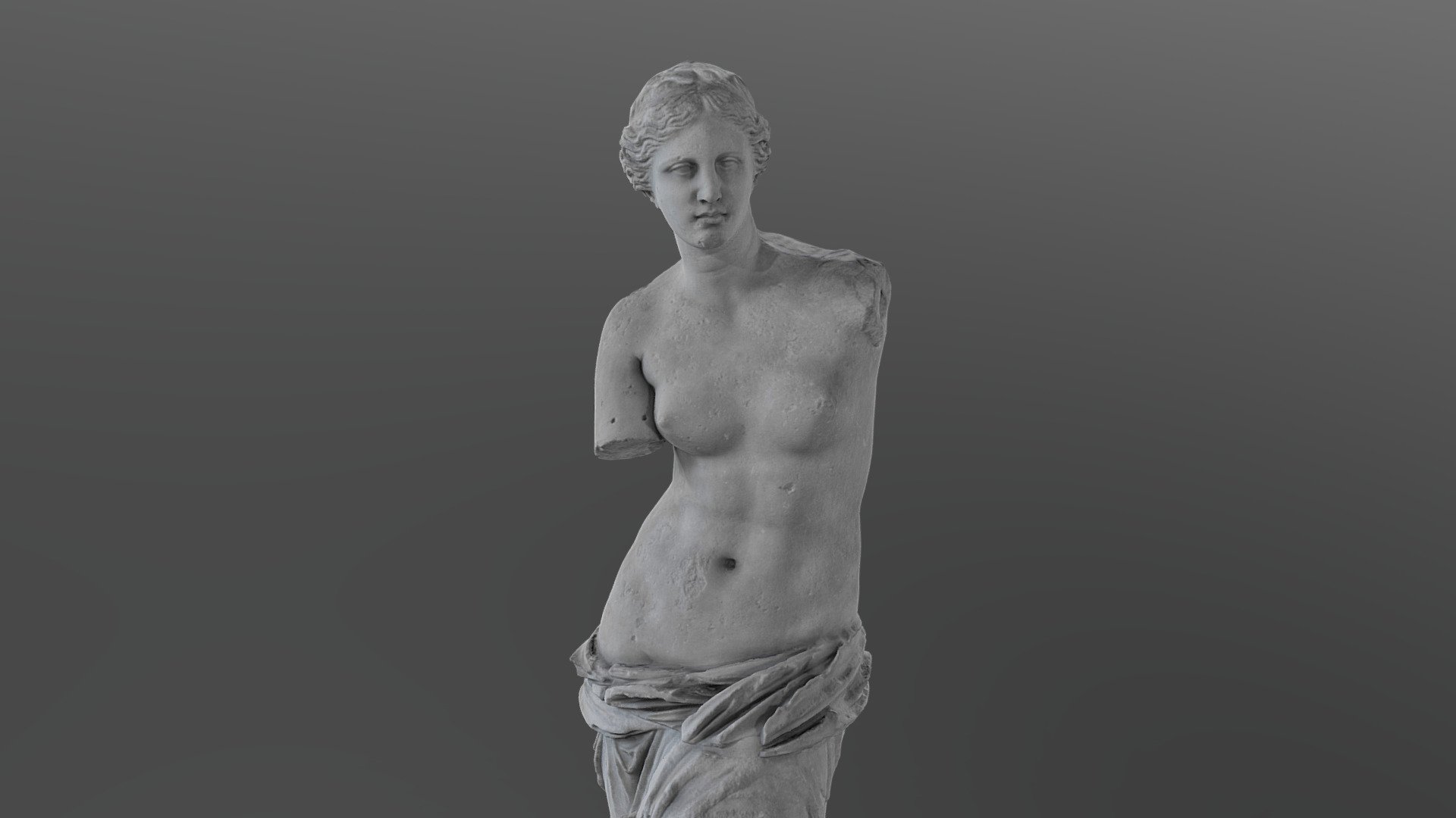 Venus de Milo is one of the most famous sculpture of all time. Displayed at the Louvre Museum in France, it is an ancient Greek sculpture (around 150-125 BC) which is believed to depict Aphrodite, the Greek goddess of love and beauty.

Reconstructed and simplified with Reality Capture (375 pictures) 3d model